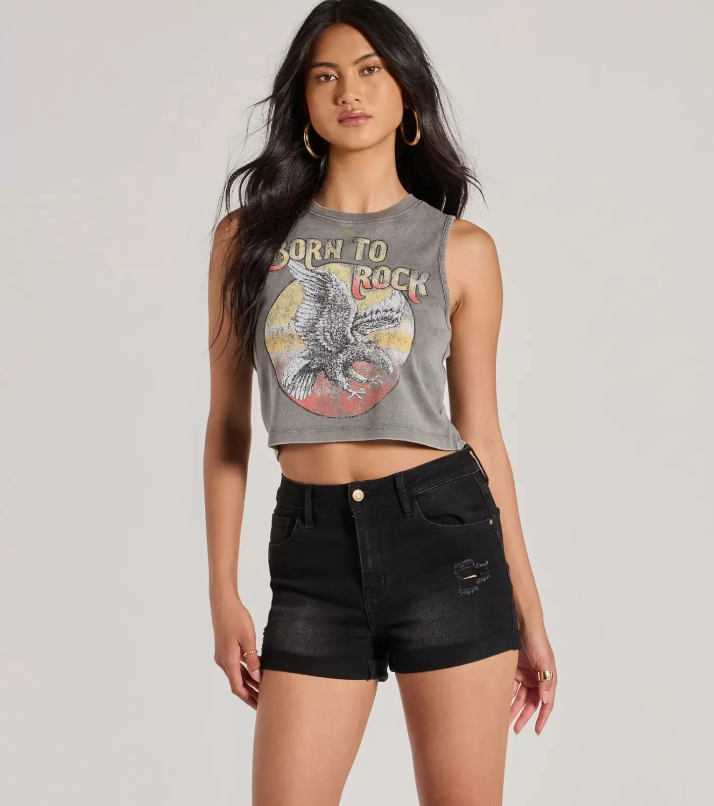 Windsor Born To Rock Mineral Wash Graphic Tank Top CHARCOAL Best