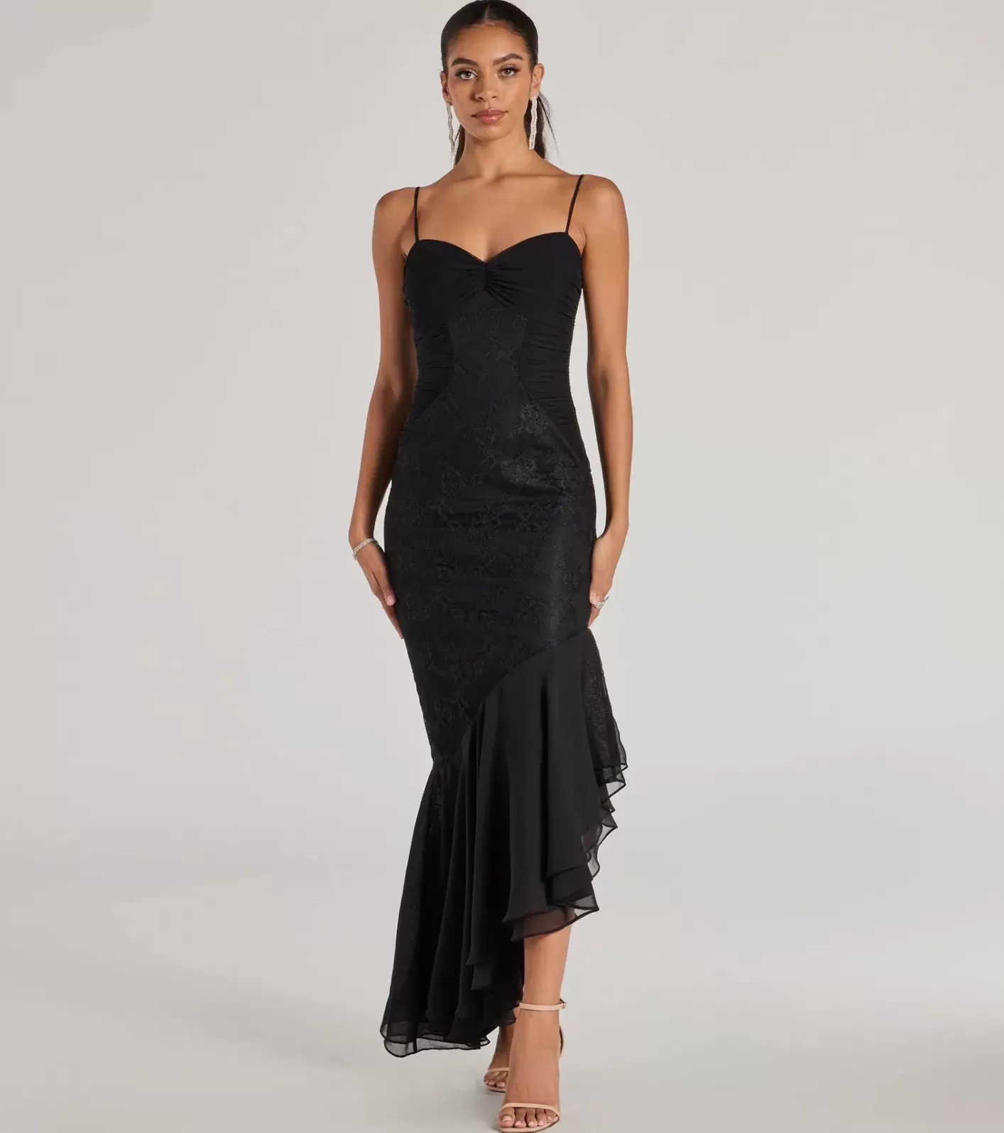 Windsor Brinley Lace Chiffon Asymmetric Mermaid Dress BLACK Cheap