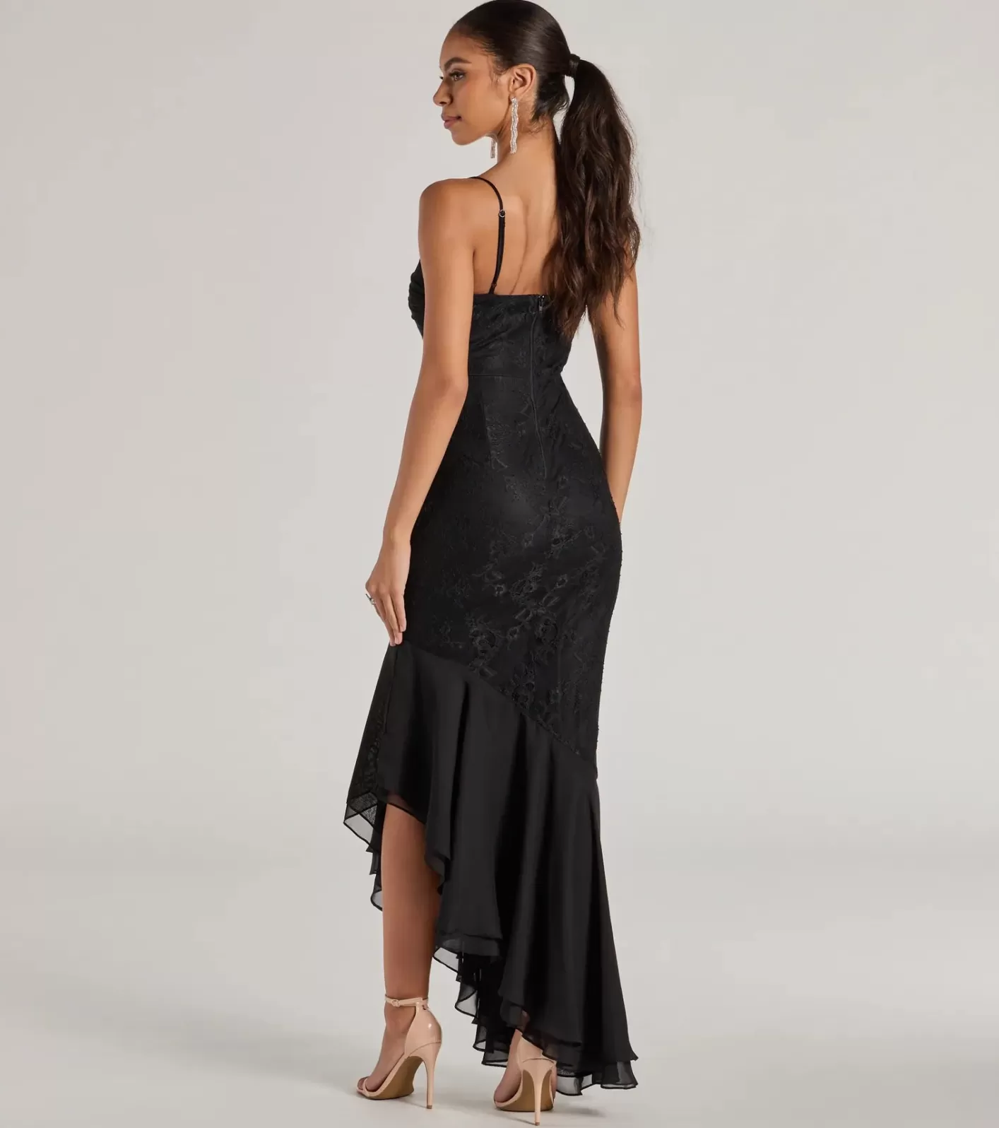 Windsor Brinley Lace Chiffon Asymmetric Mermaid Dress BLACK Cheap