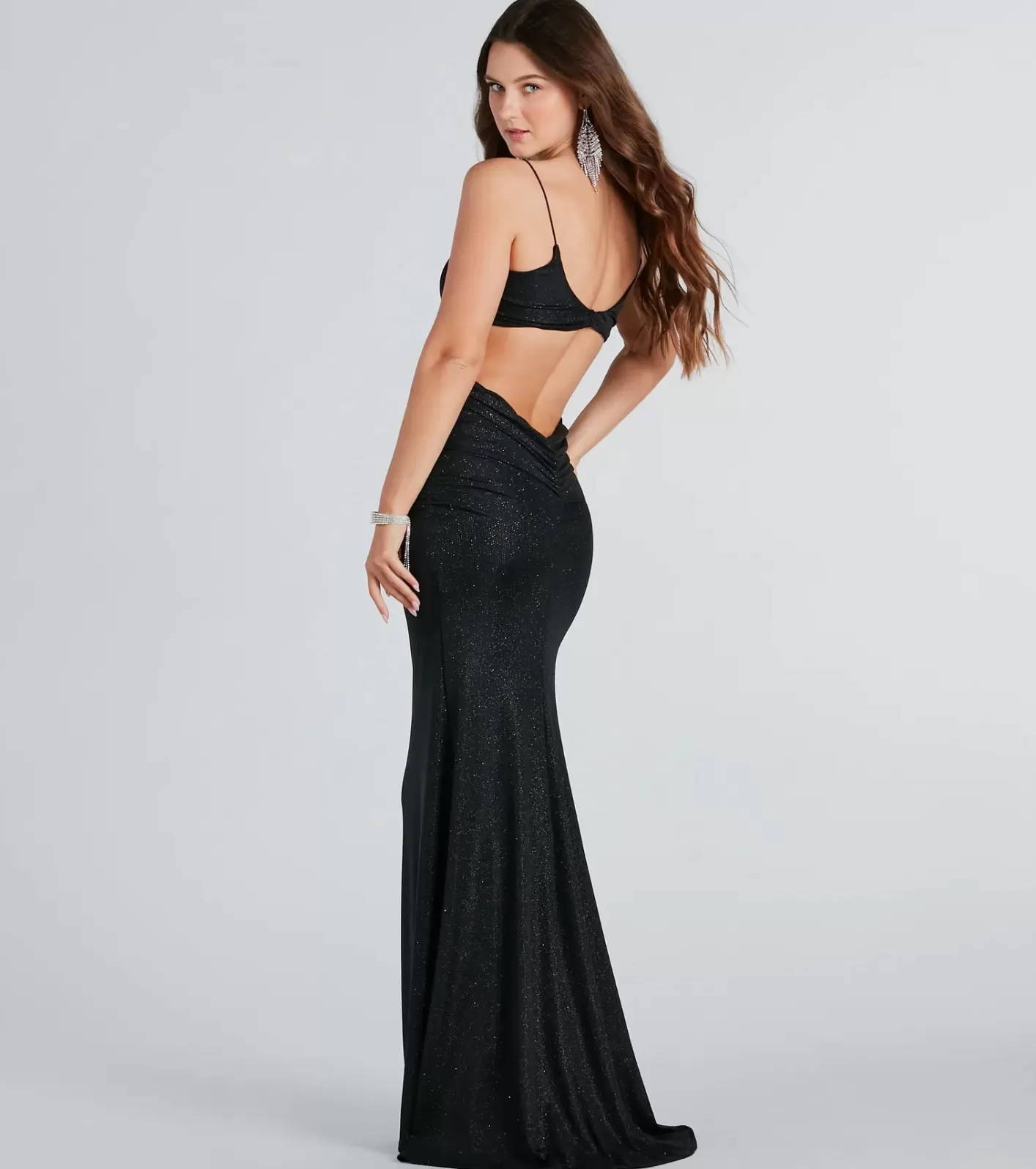 Windsor Britnee Formal Glitter Open Back Long Dress BLACK Clearance