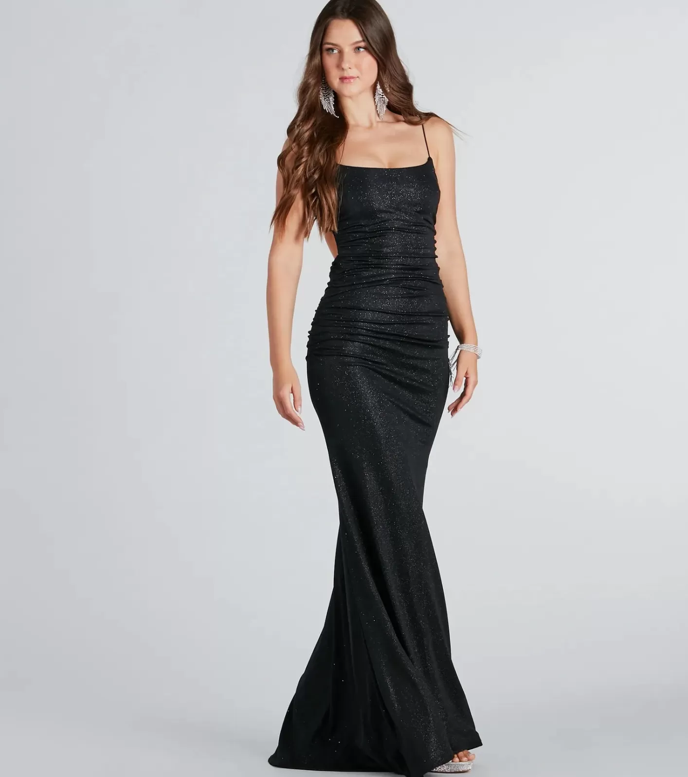 Windsor Britnee Formal Glitter Open Back Long Dress BLACK Clearance