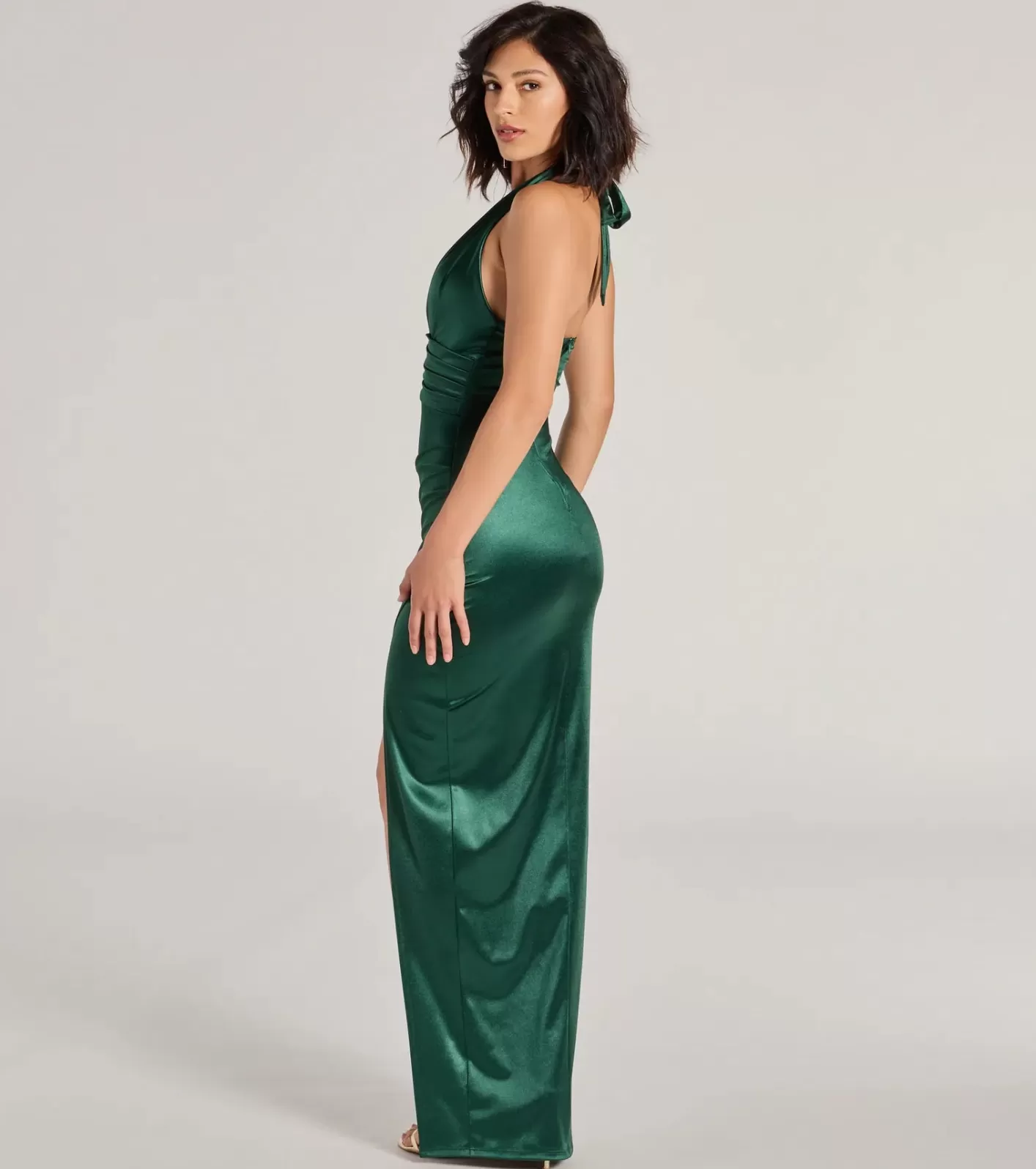 Windsor Candance Halter Pleated Wrap Slim Satin Formal Dress HUNTER Hot