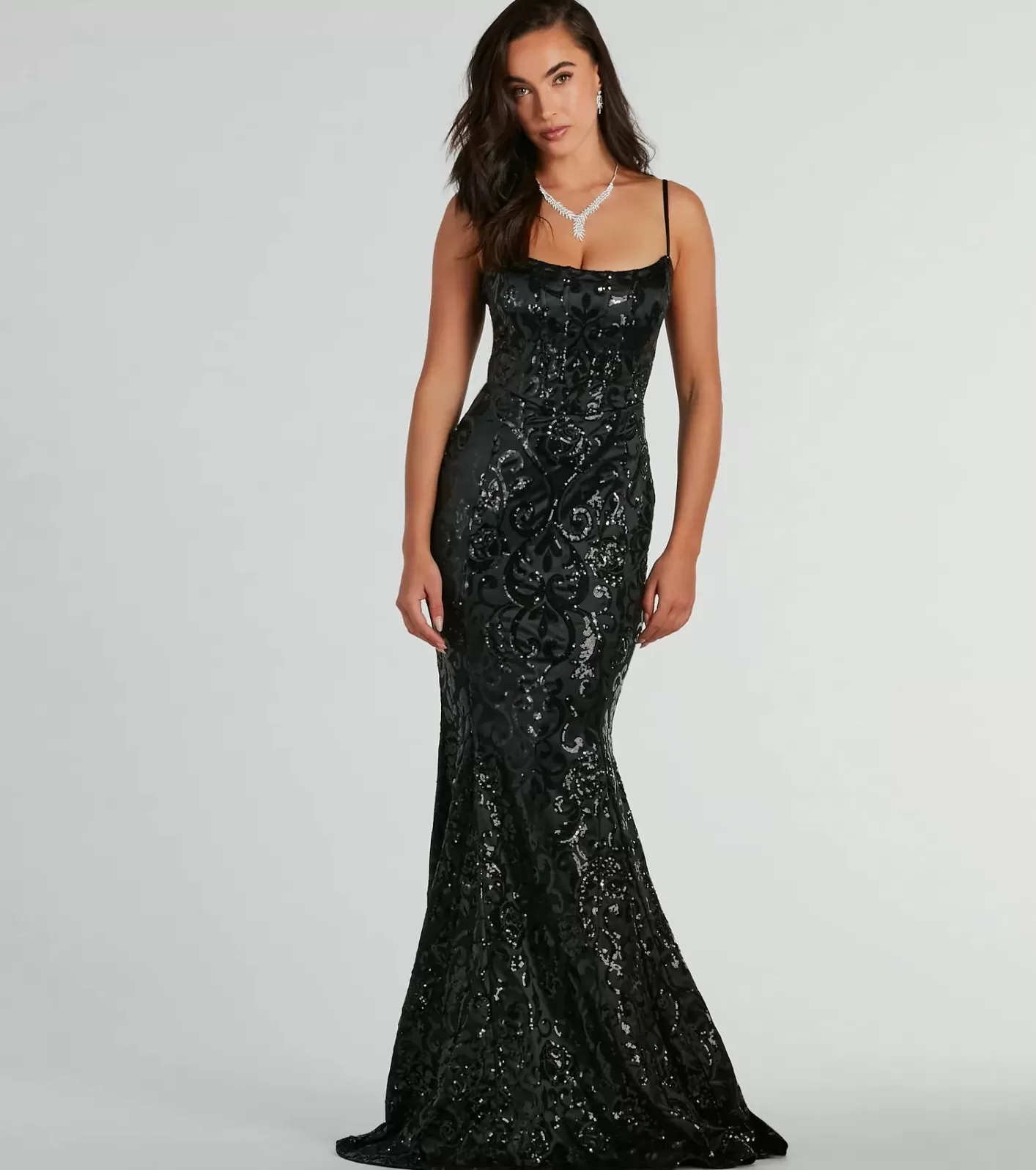 Windsor Carly Lace-Up Mermaid Sequin Satin Formal Dress BLACK Best