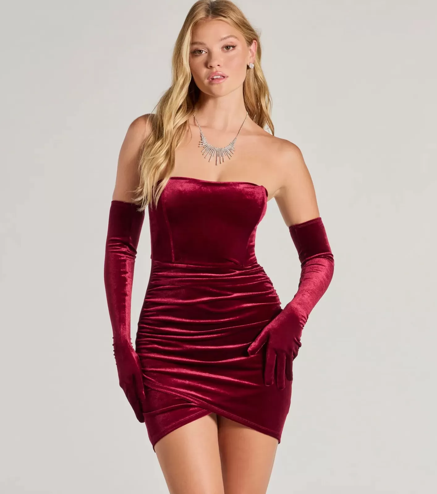 Windsor Caroline Velvet Strapless Dress With Gloves BURGUNDY Shop