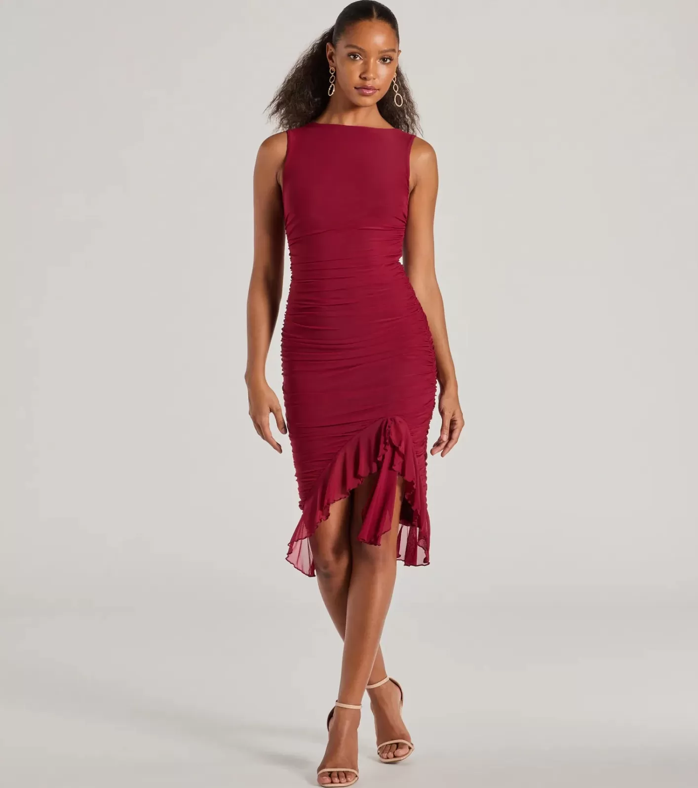 Windsor Casey Formal Mesh High Neck Ruffle Midi Dress BURGUNDY Outlet