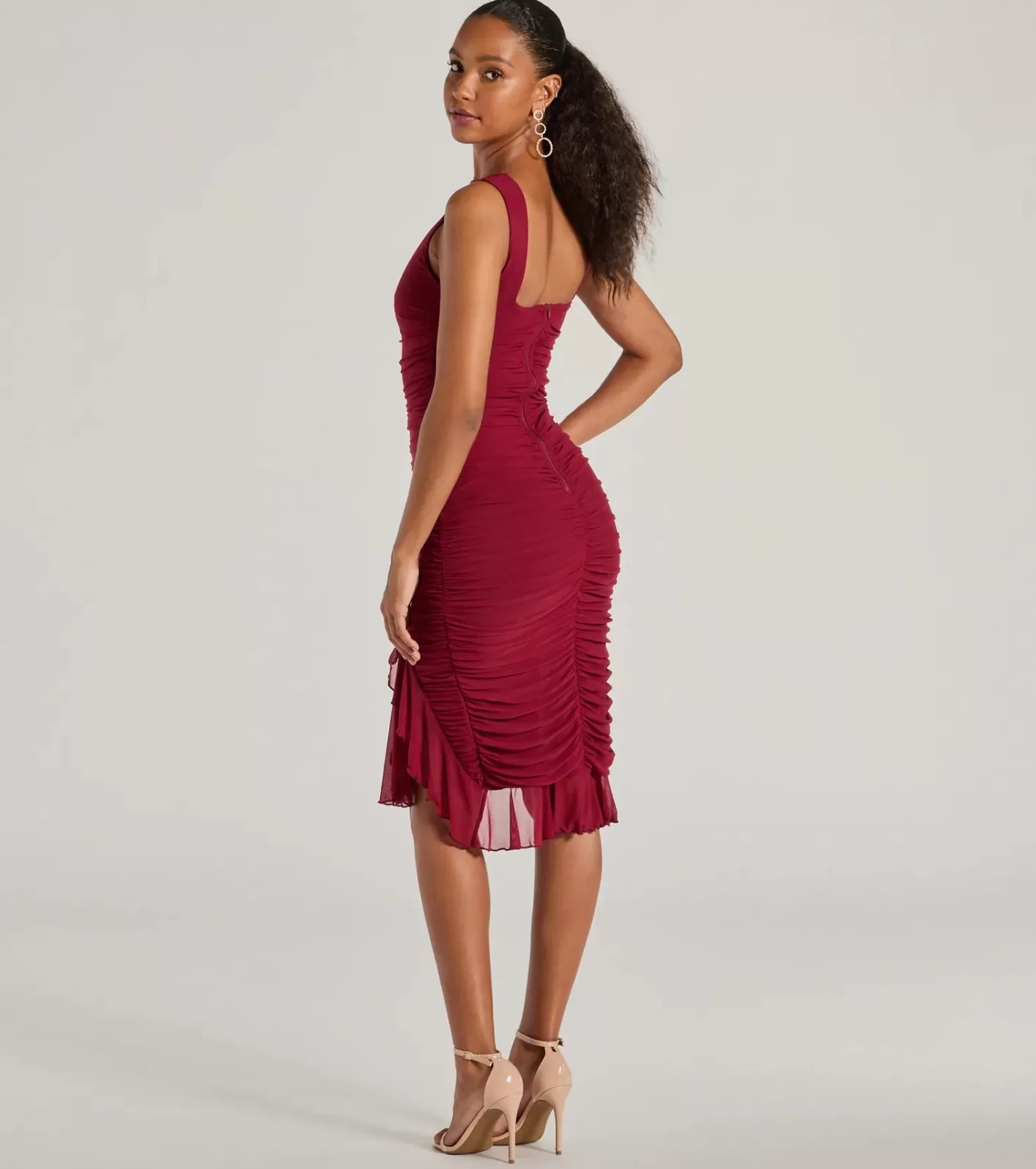 Windsor Casey Formal Mesh High Neck Ruffle Midi Dress BURGUNDY Outlet