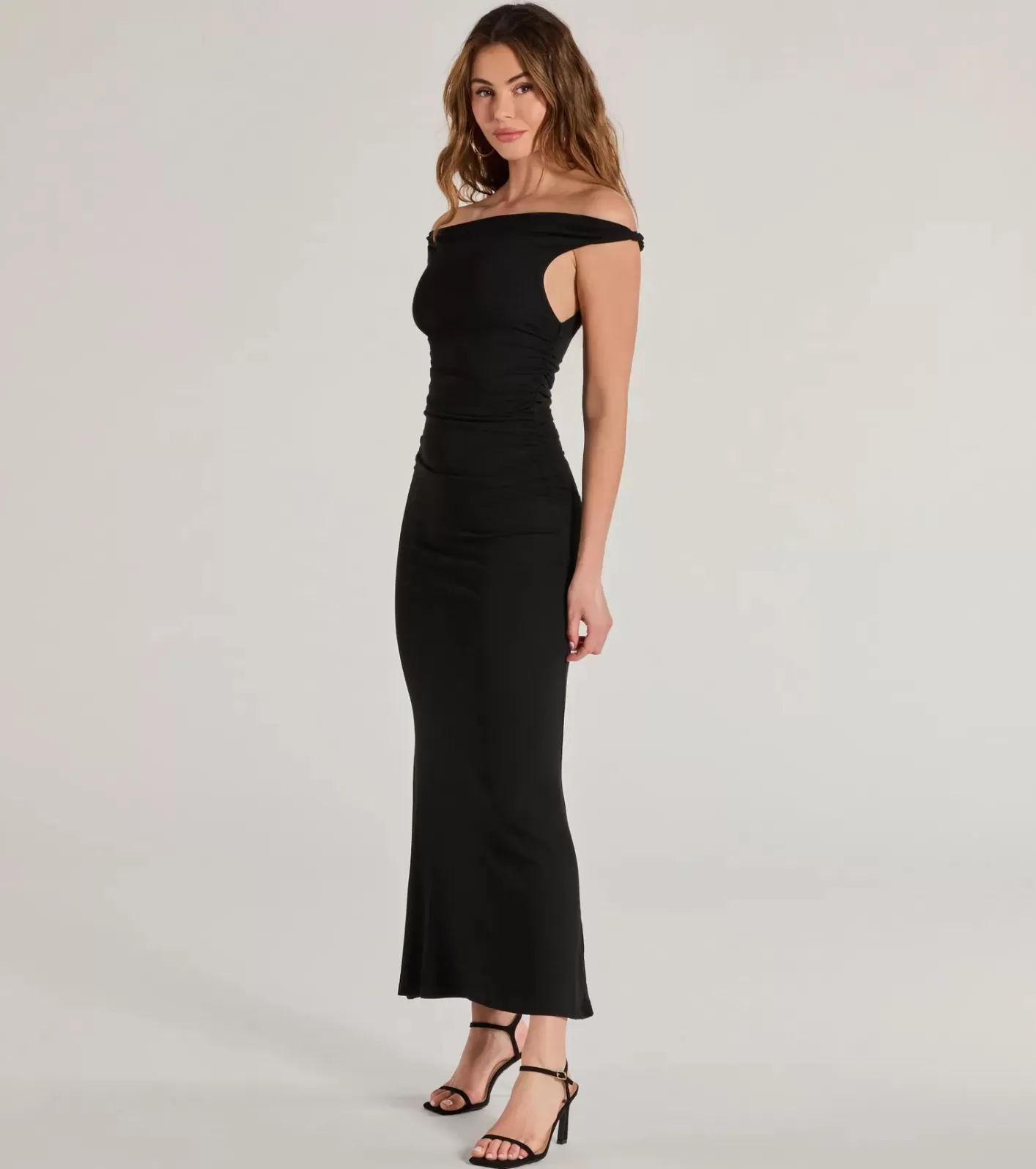 Windsor Casual Chic Ruched Ribbed Knit Maxi Dress BLACK Hot