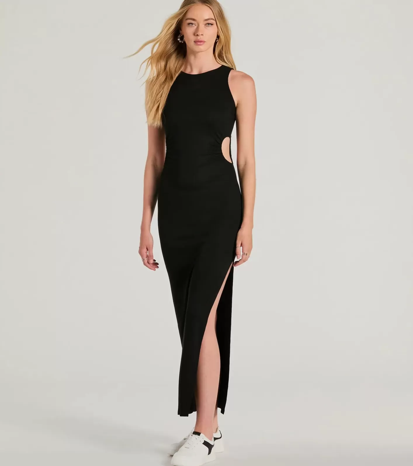 Windsor Casual Cool Girl High Slit Ribbed Knit Maxi Dress BLACK Shop