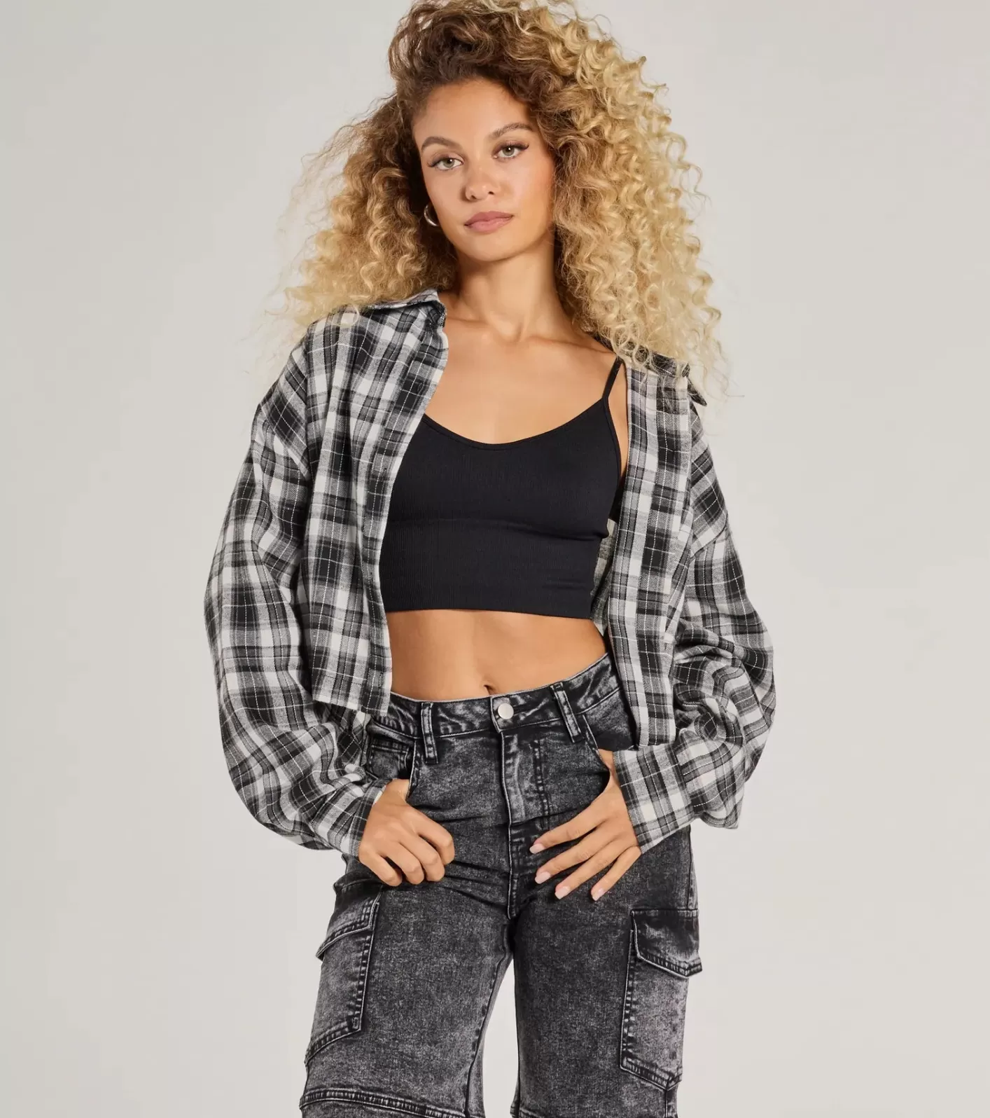 Windsor Casual Style Button-Down Plaid Flannel Top BLACK/WHITE Best Sale