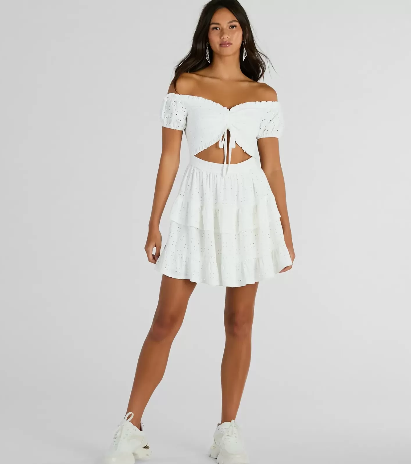 Windsor Catch A Cutie Short Sleeve Cutout Eyelet Skater Dress WHITE Fashion