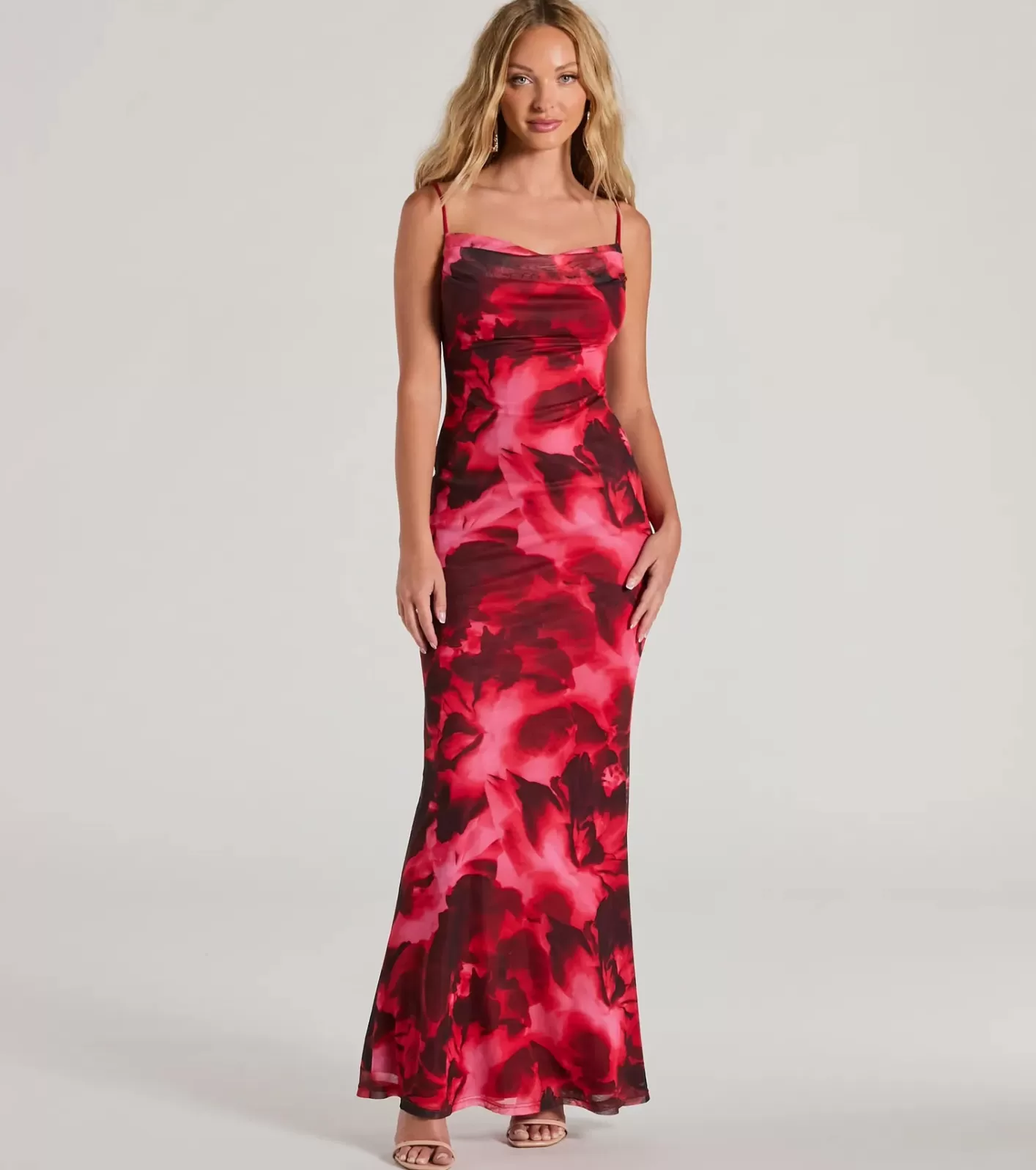 Windsor Catch Attention Cowl Neck Abstract Floral Maxi Dress FUCHSIA Cheap