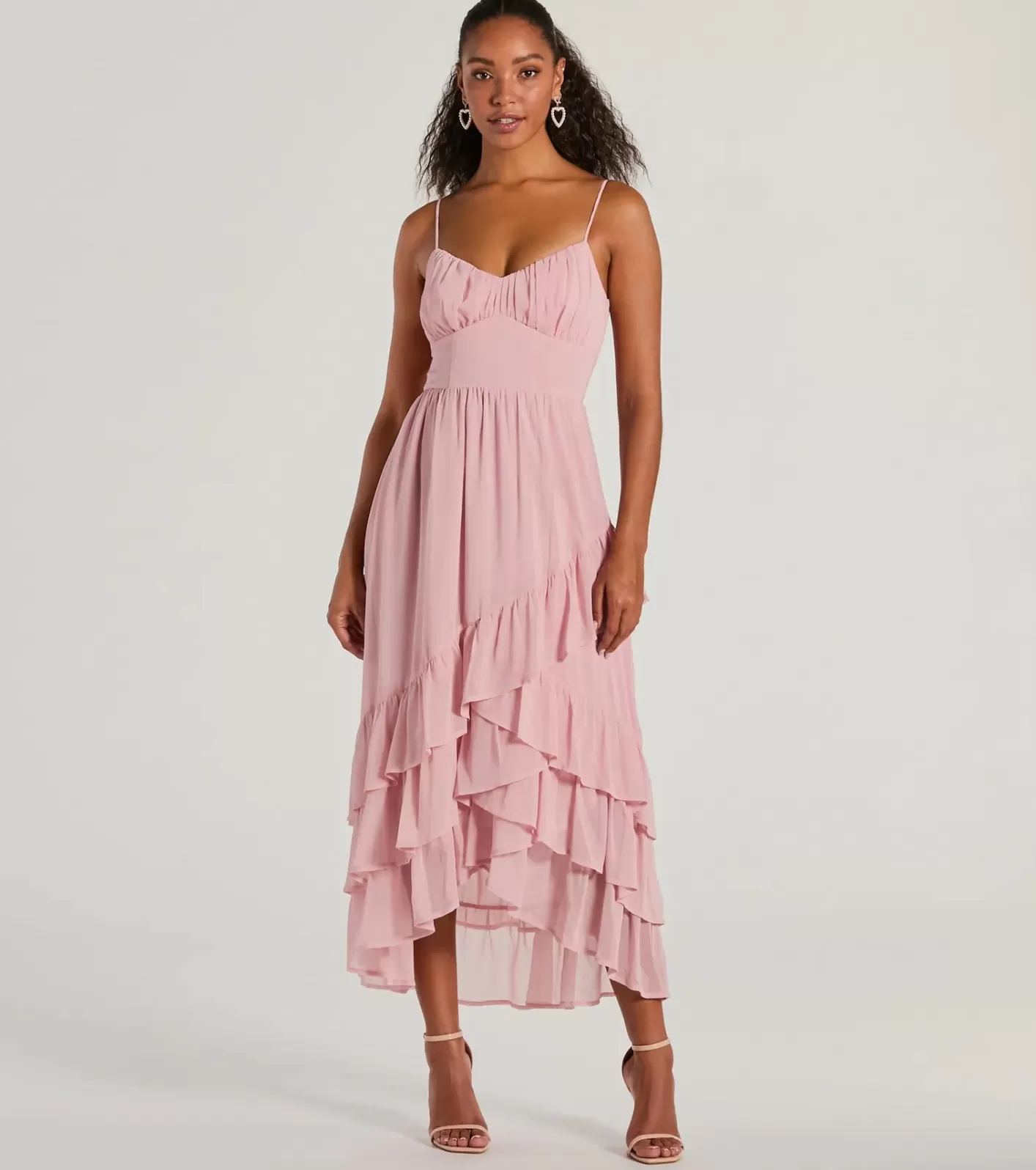Windsor Cause For Celebration V-Neck Ruffle Chiffon Midi Dress ROSE Cheap