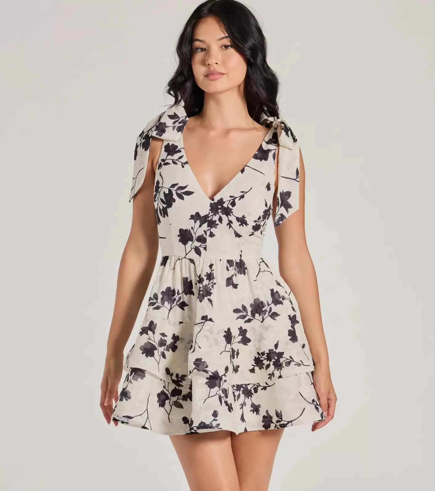 Windsor Chantel Bow Tie V-Neck Floral Ruffle Skater Dress IVORY Discount