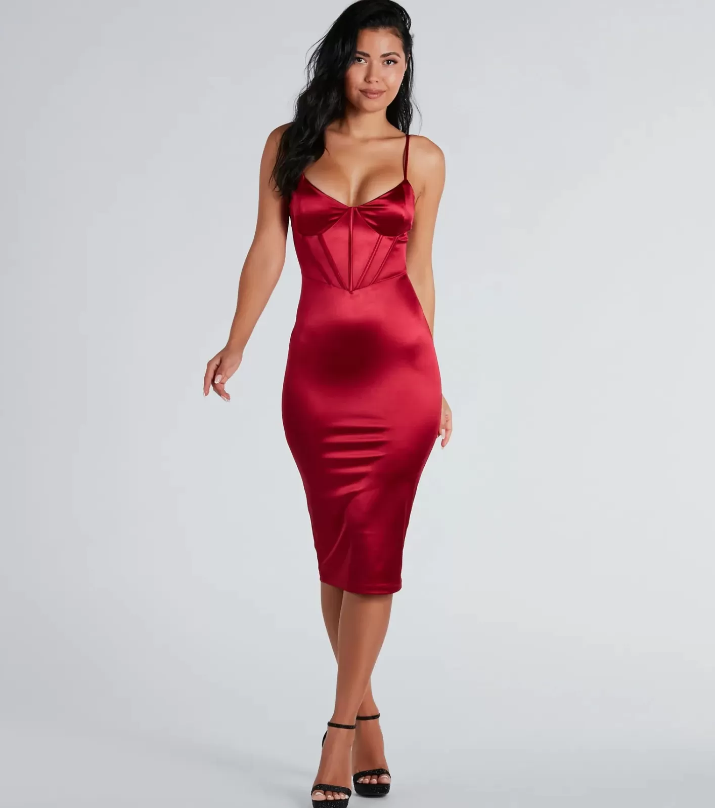 Windsor Chantel Formal Satin Corset Lace-Up Midi Dress RED Flash Sale