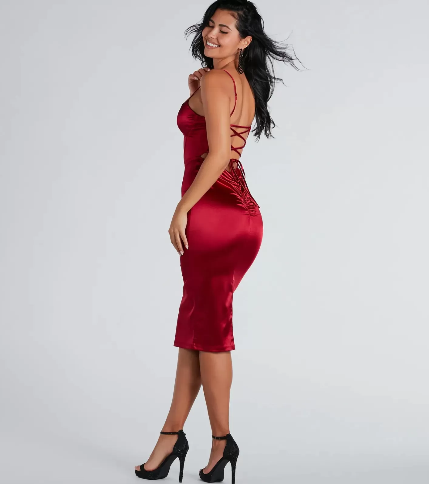 Windsor Chantel Formal Satin Corset Lace-Up Midi Dress RED Flash Sale
