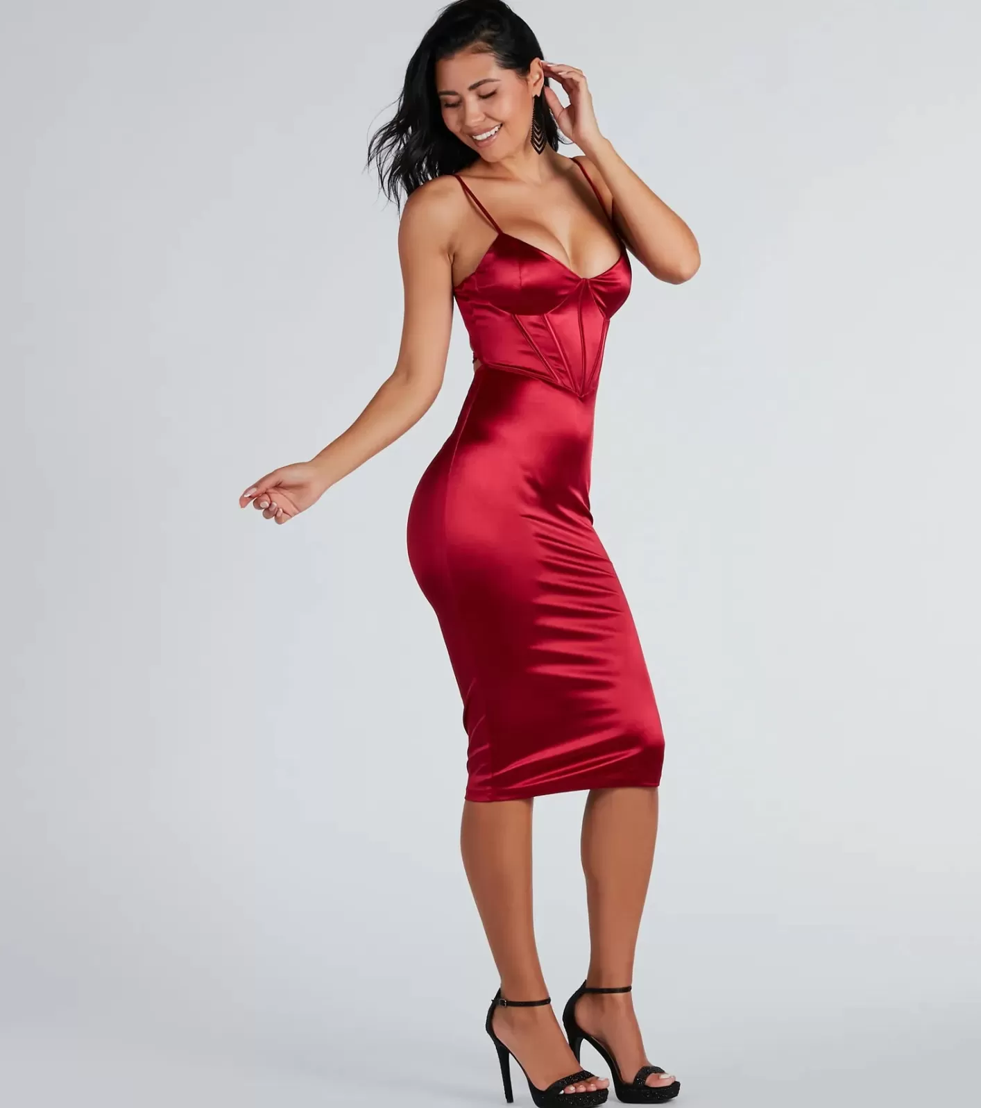 Windsor Chantel Formal Satin Corset Lace-Up Midi Dress RED Flash Sale
