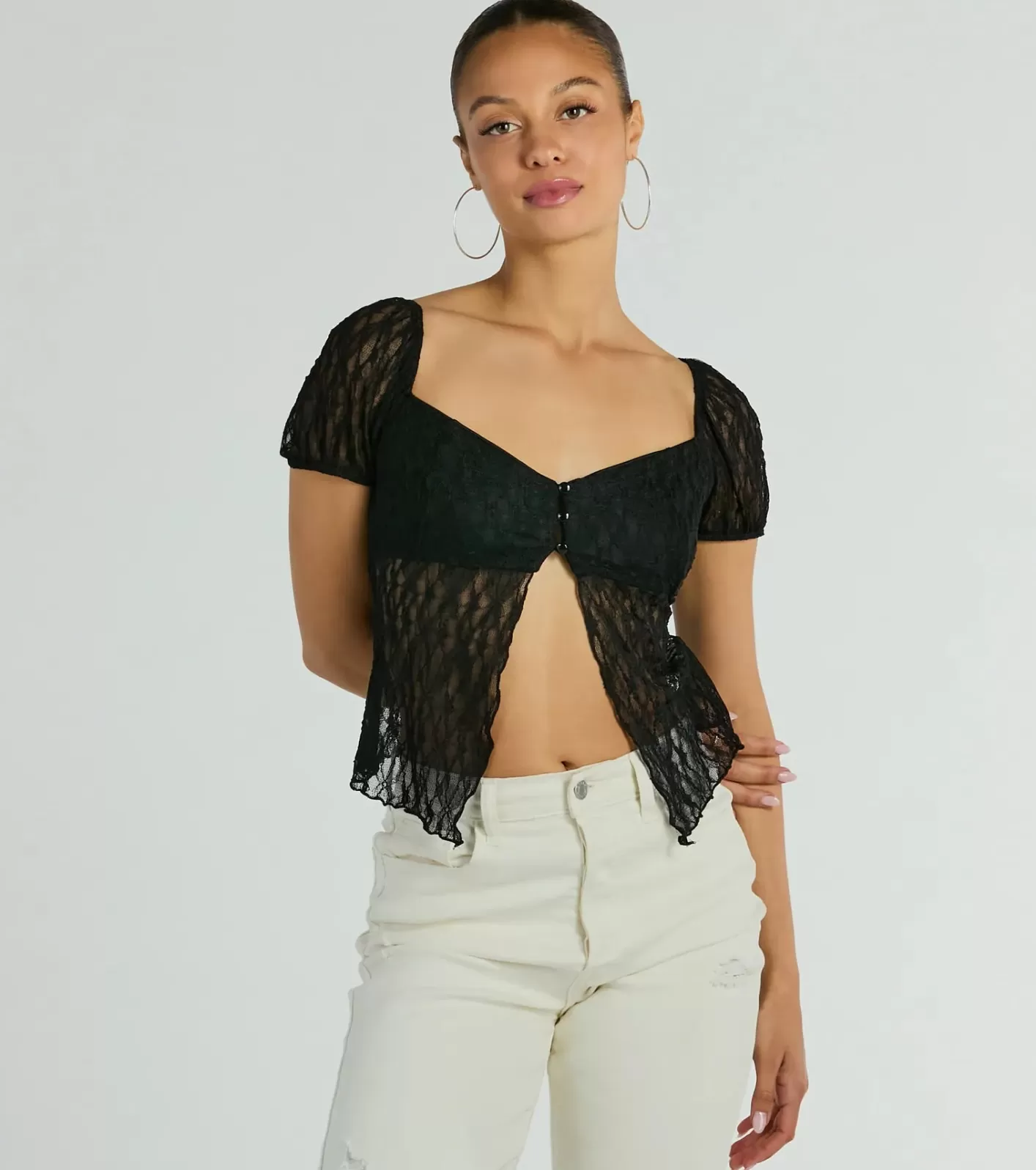 Windsor Charm Me Puff Sleeve Lace Crop Top BLACK Store