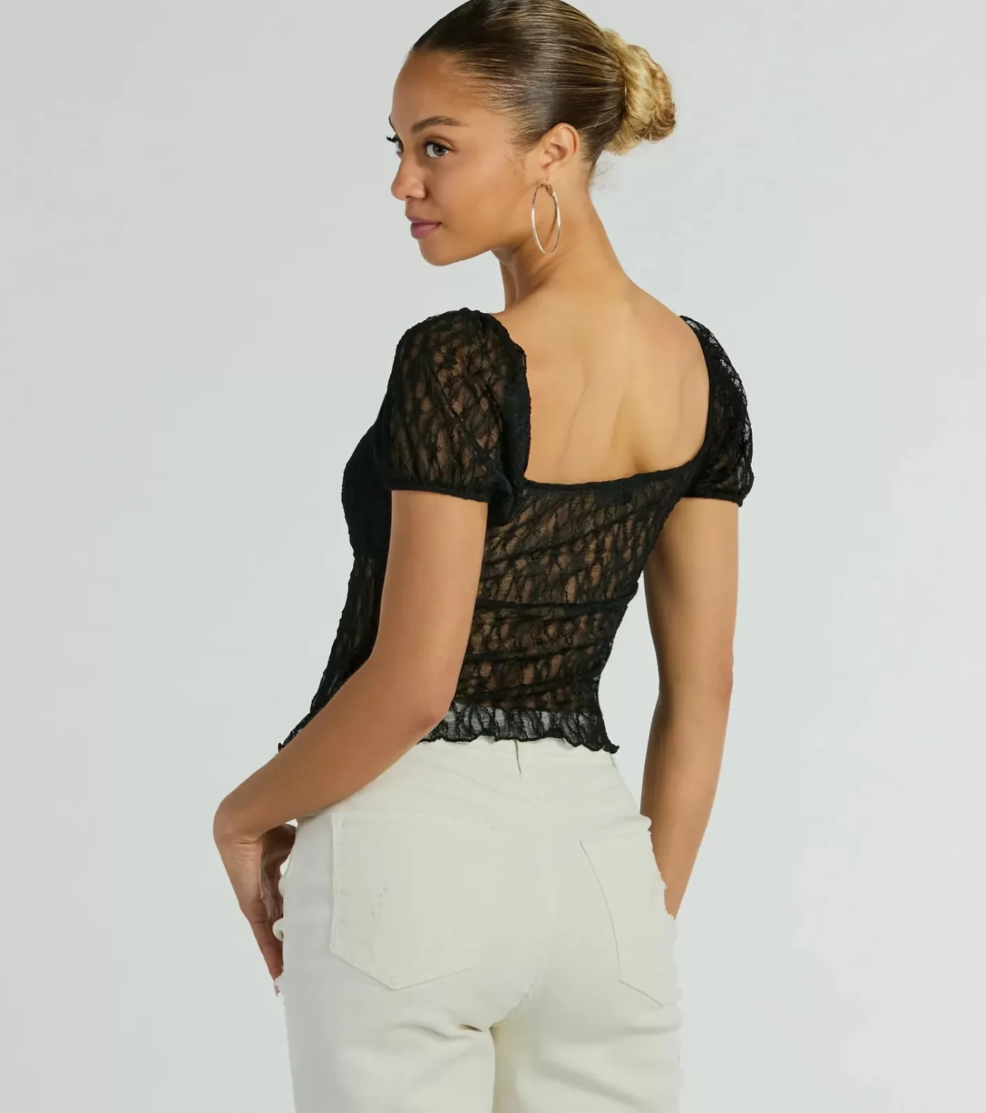 Windsor Charm Me Puff Sleeve Lace Crop Top BLACK Store