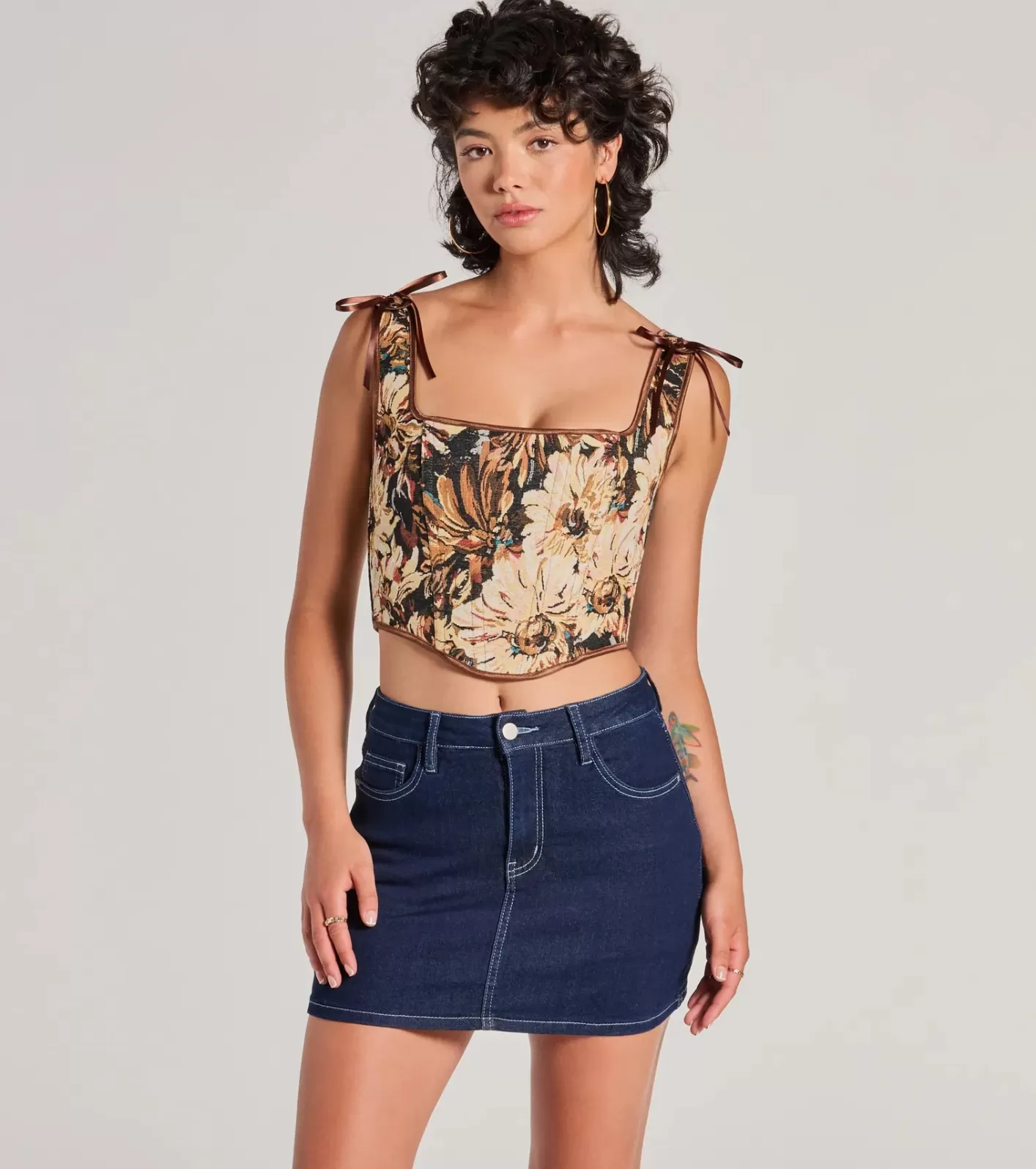 Windsor Charming Essence Satin Bow Floral Corset Top BROWN Clearance