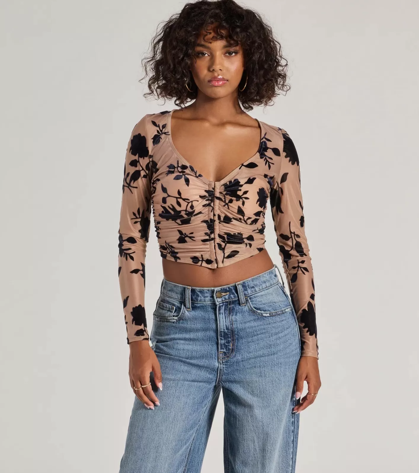 Windsor Charming Flocked Floral Mesh Long Sleeve Corset Top NUDE Best Sale