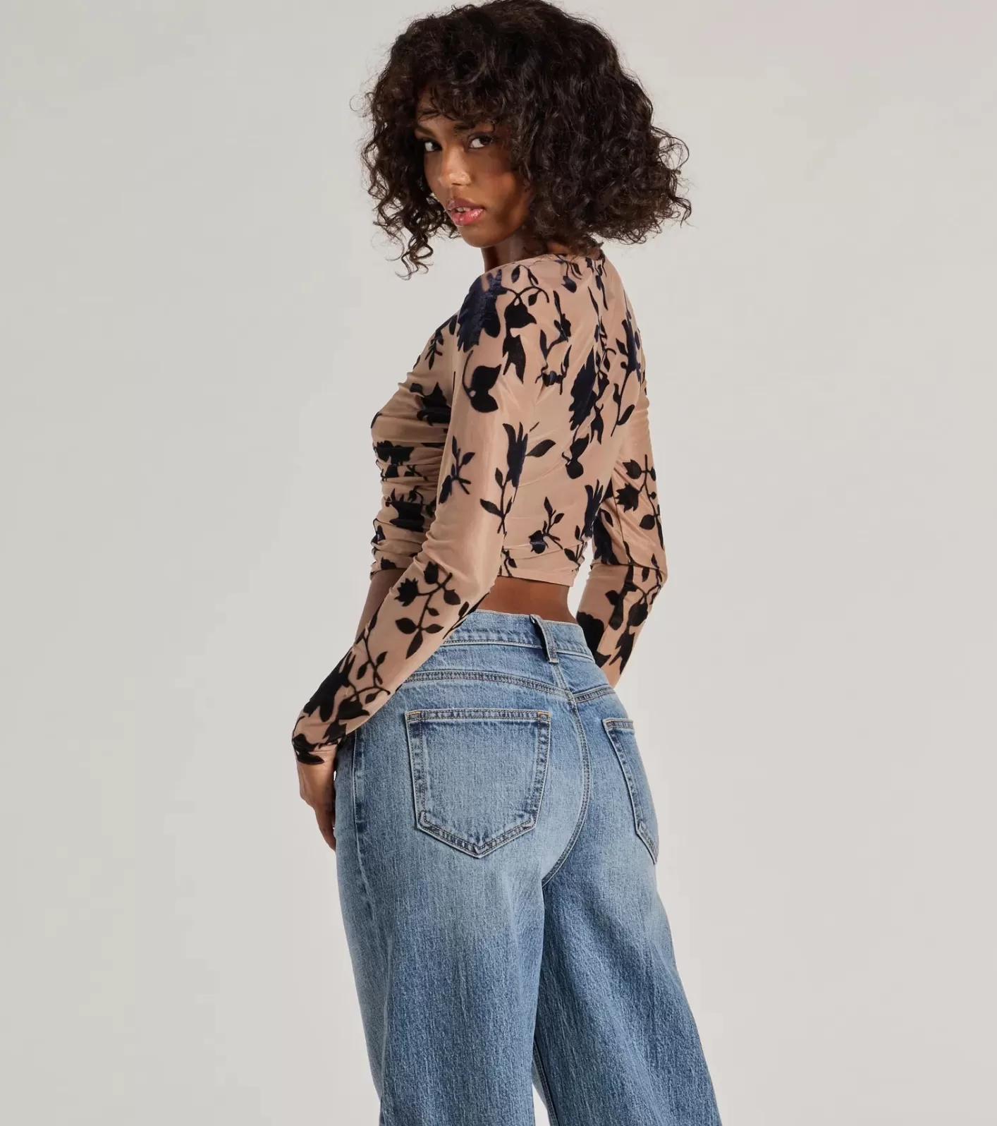 Windsor Charming Flocked Floral Mesh Long Sleeve Corset Top NUDE Best Sale