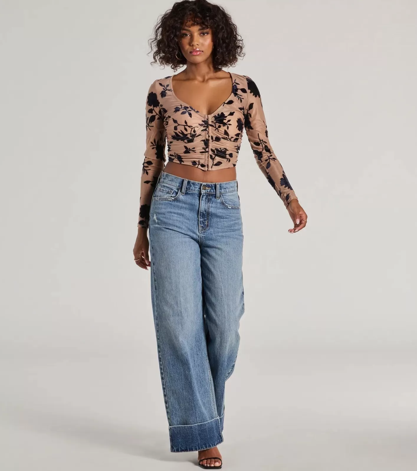Windsor Charming Flocked Floral Mesh Long Sleeve Corset Top NUDE Best Sale