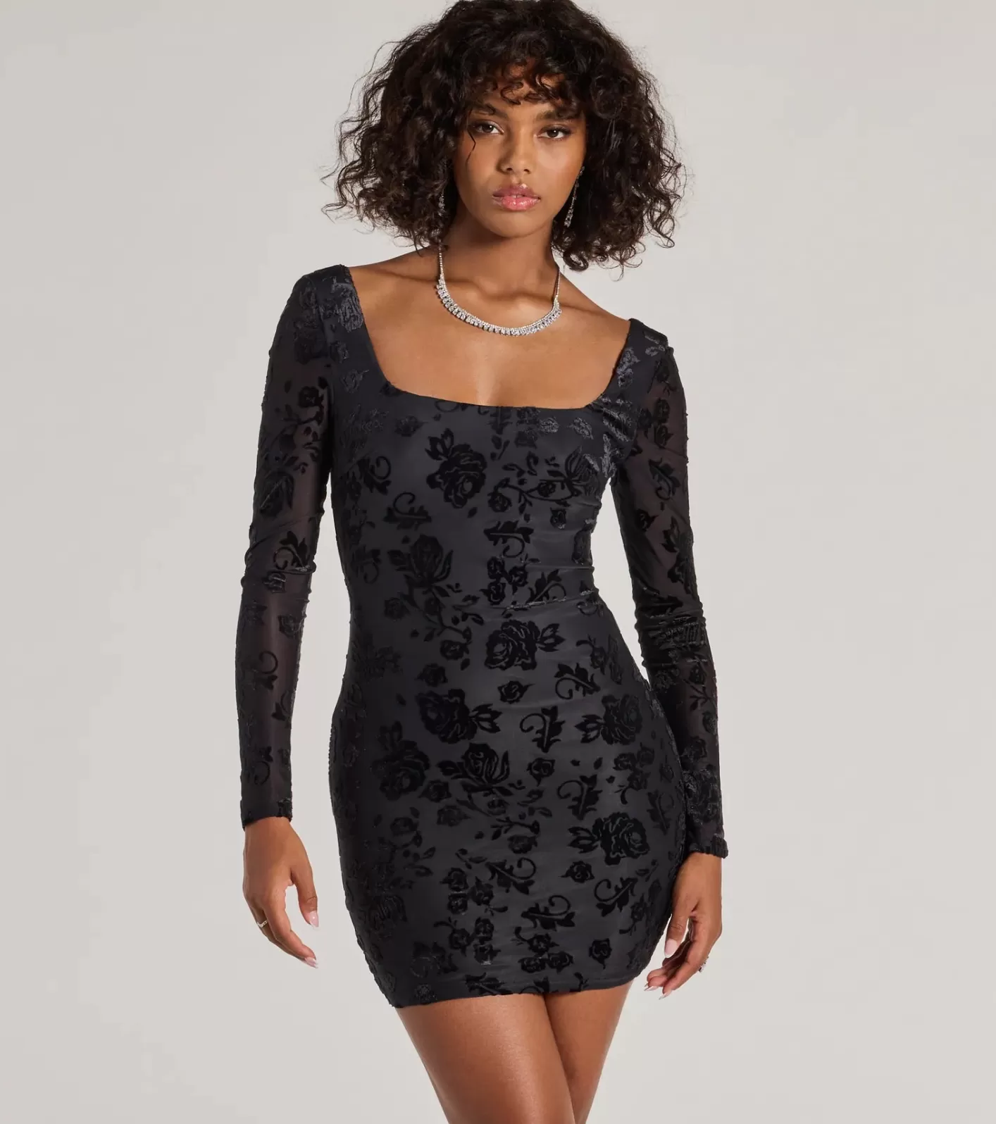 Windsor Chic Allure Floral Velvet Burnout Long Sleeve Mini Dress BLACK Shop