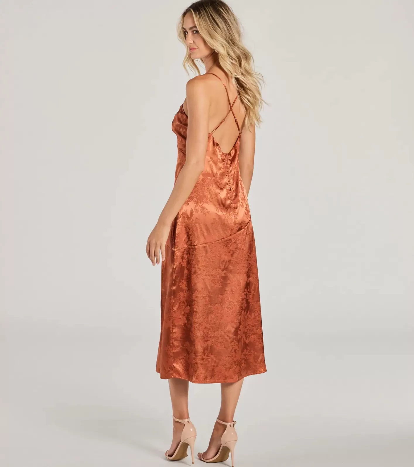 Windsor Chic Charm Floral Satin A-Line Midi Dress COPPER Outlet