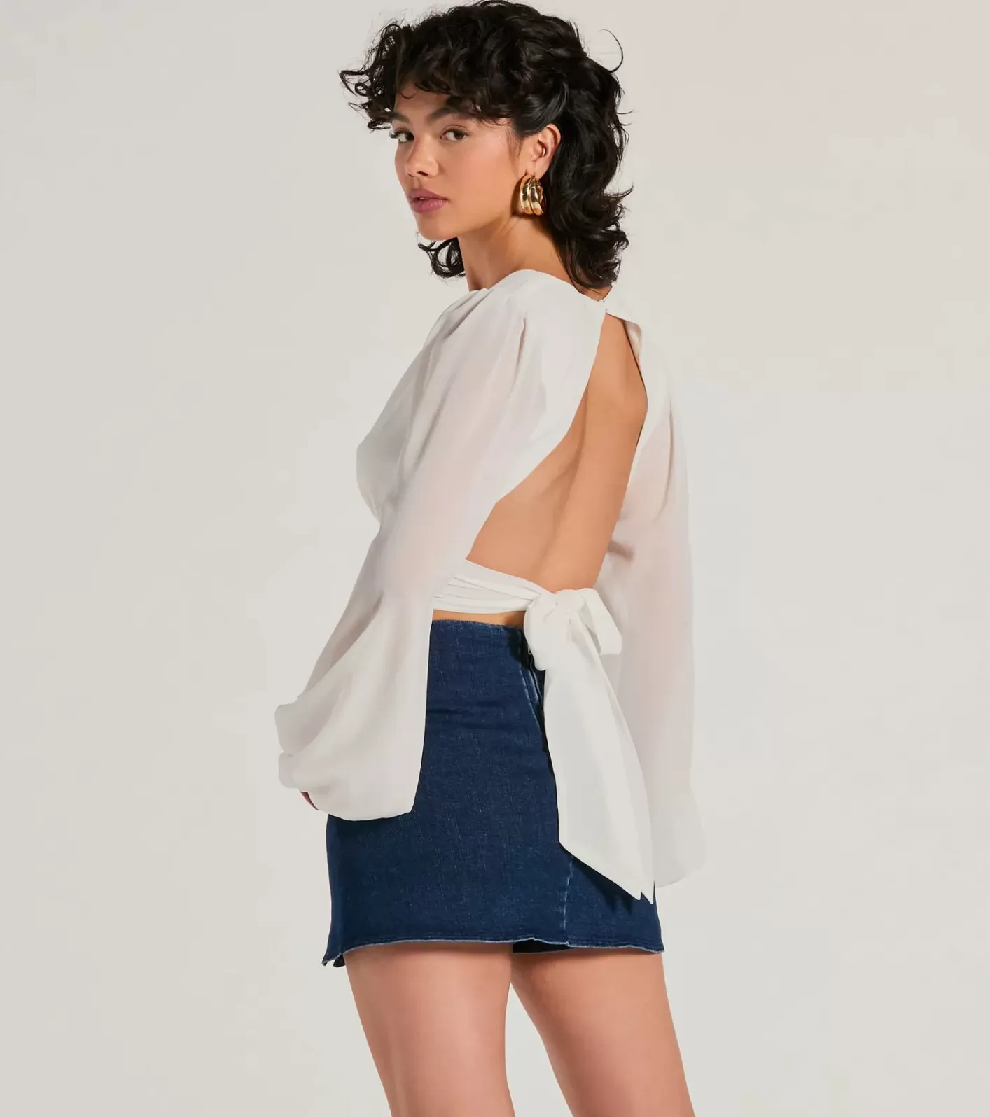 Windsor Chic Credentials Long Sleeve Open Back Chiffon Top IVORY Clearance