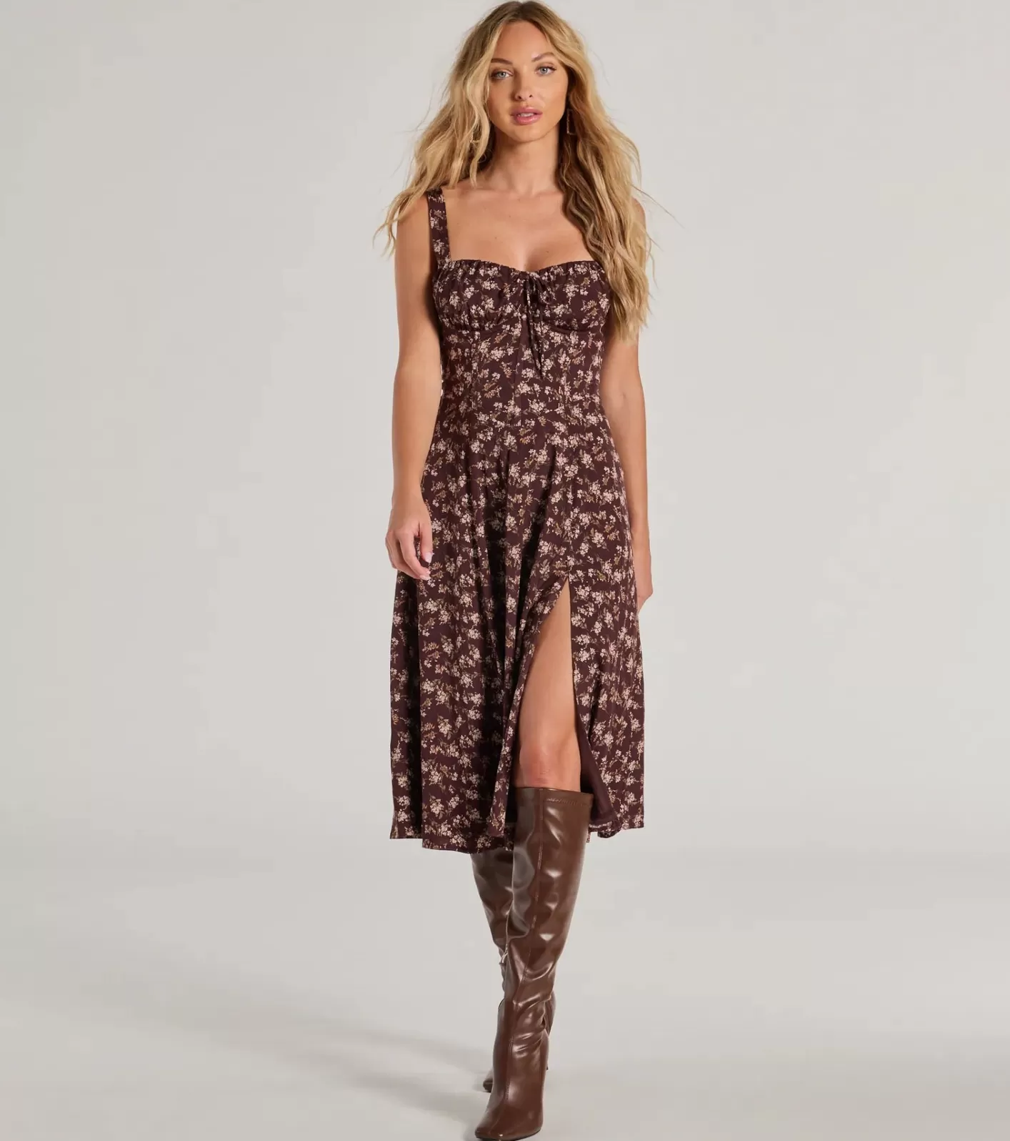 Windsor Chic Fall Vibe Ditsy Floral Corset Midi Dress BROWN Clearance