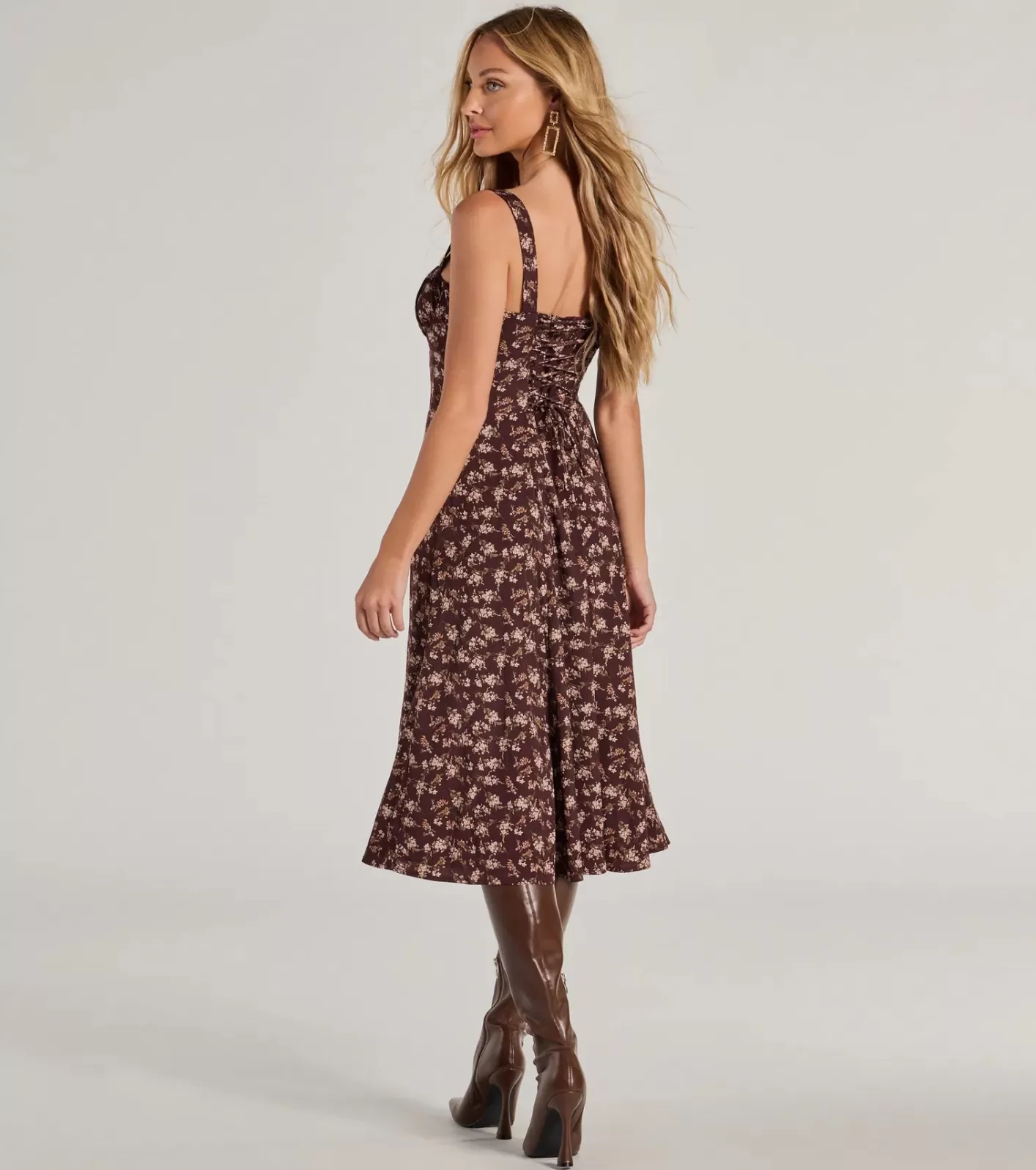 Windsor Chic Fall Vibe Ditsy Floral Corset Midi Dress BROWN Clearance