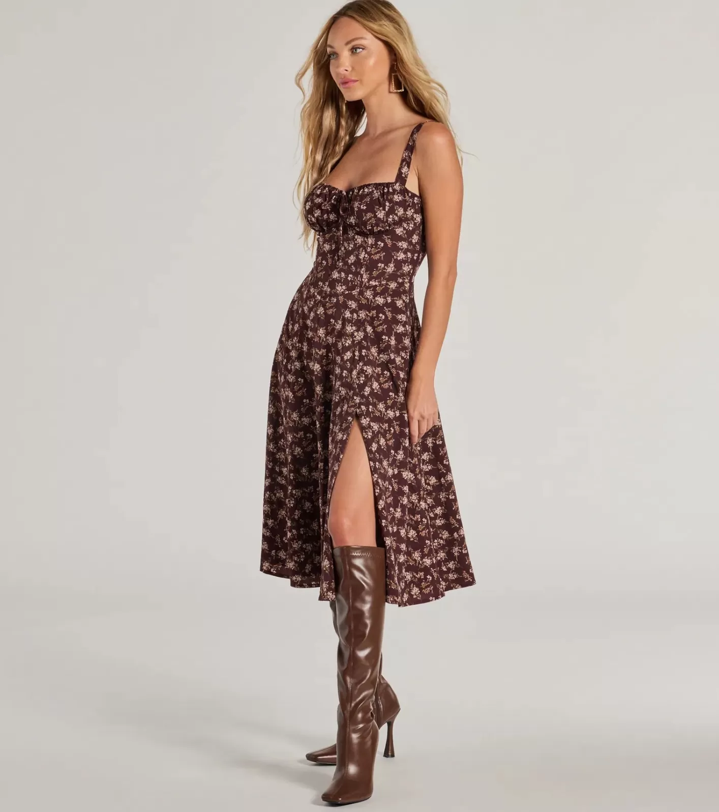 Windsor Chic Fall Vibe Ditsy Floral Corset Midi Dress BROWN Clearance