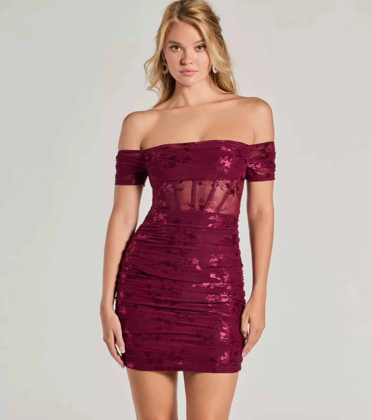 Windsor Chic Flair Foiled Floral Knit Corset Mini Dress WINE Outlet