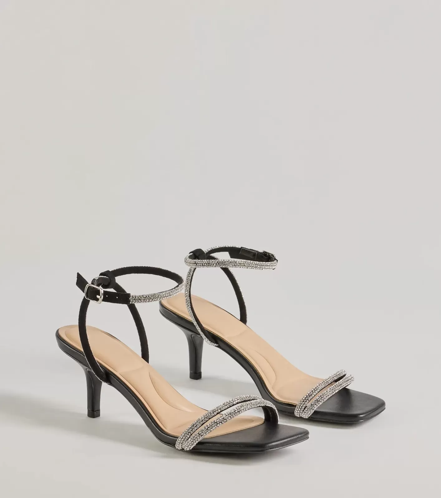 Windsor Chic Glamour Rhinestone Strappy Stiletto Kitten Heels BLACK Store
