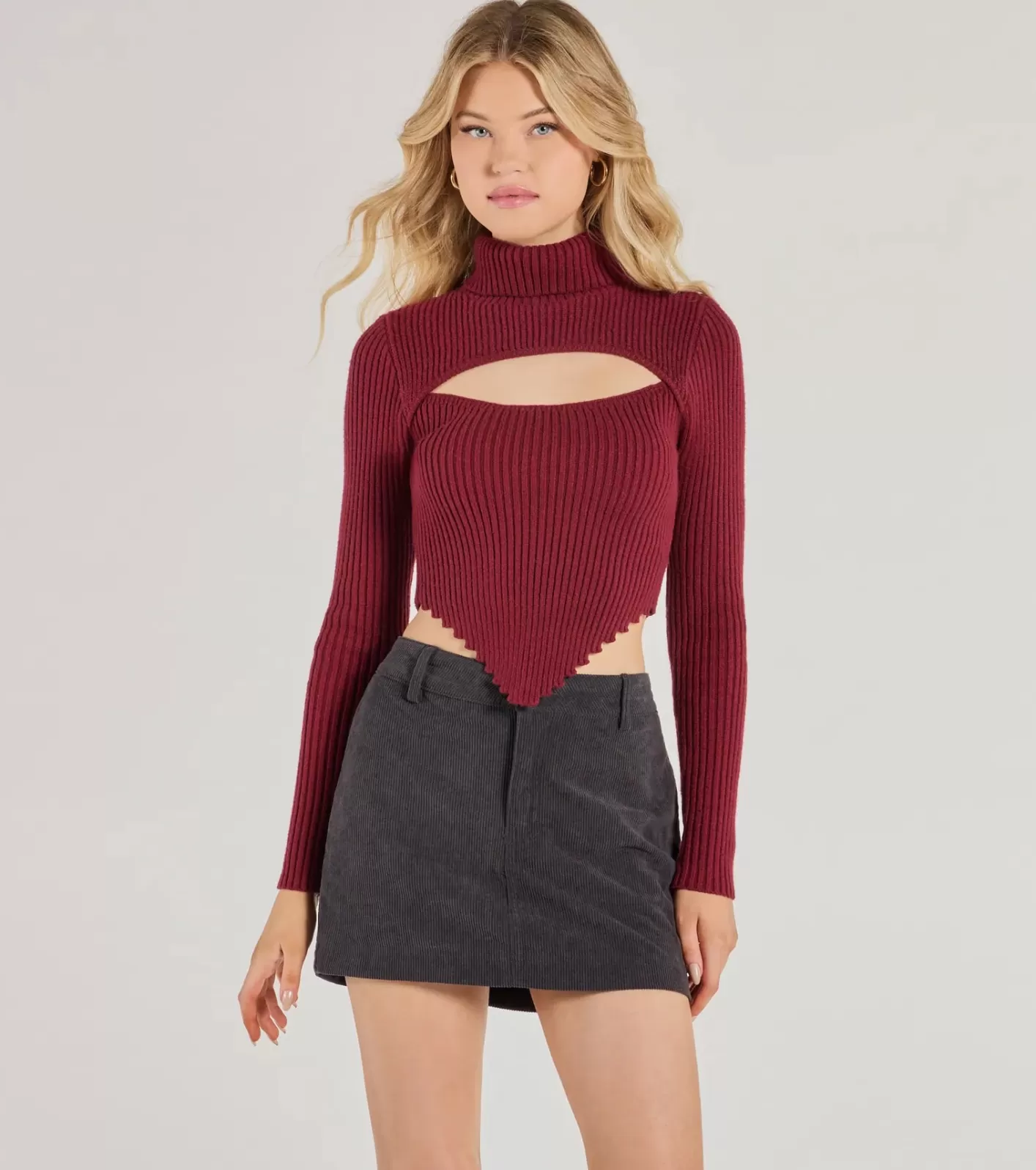 Windsor Chic Muse Ribbed Knit Cutout Crop Top BURGUNDY Flash Sale