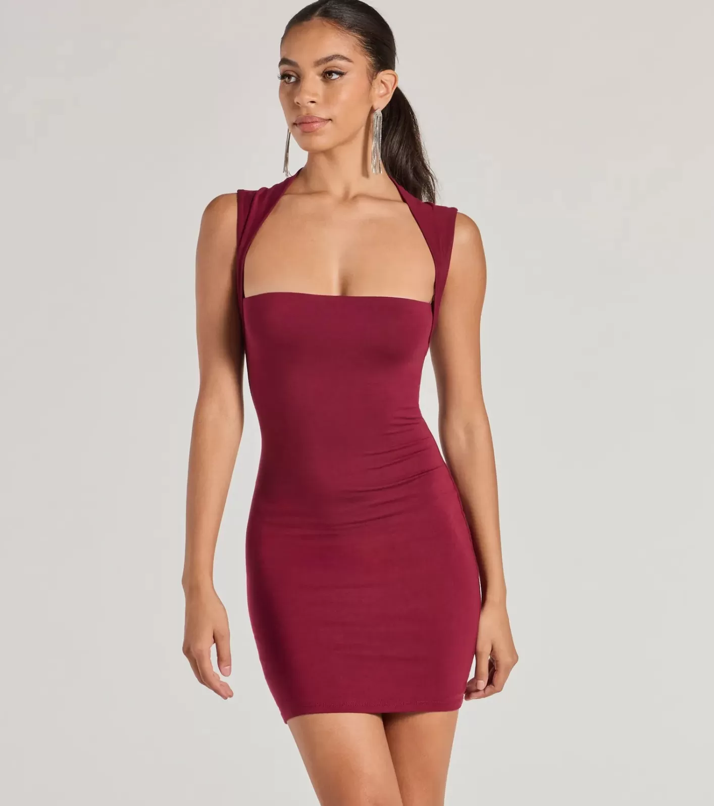 Windsor Chic Muse Square Neck Bodycon Mini Dress BURGUNDY Hot
