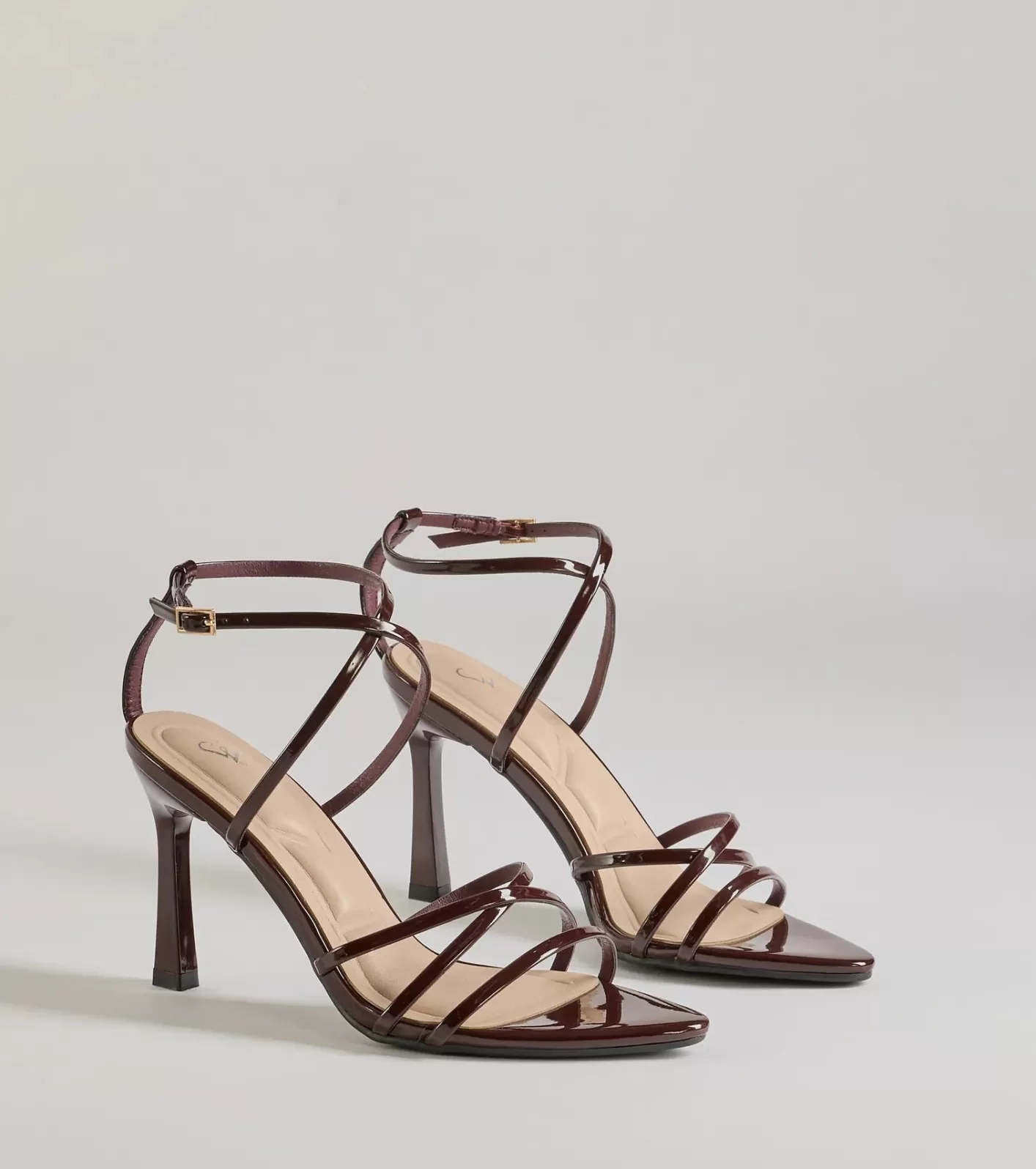 Windsor Chic Patent Faux Leather Strappy Stiletto Heels BROWN Store