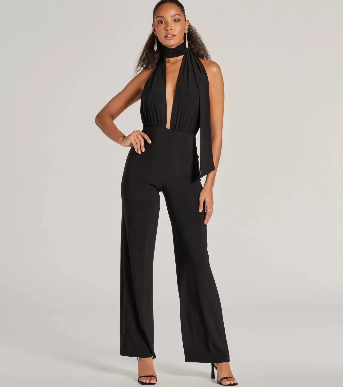 Windsor Chic Position Plunge Scarf Straight-Leg Jumpsuit BLACK Cheap