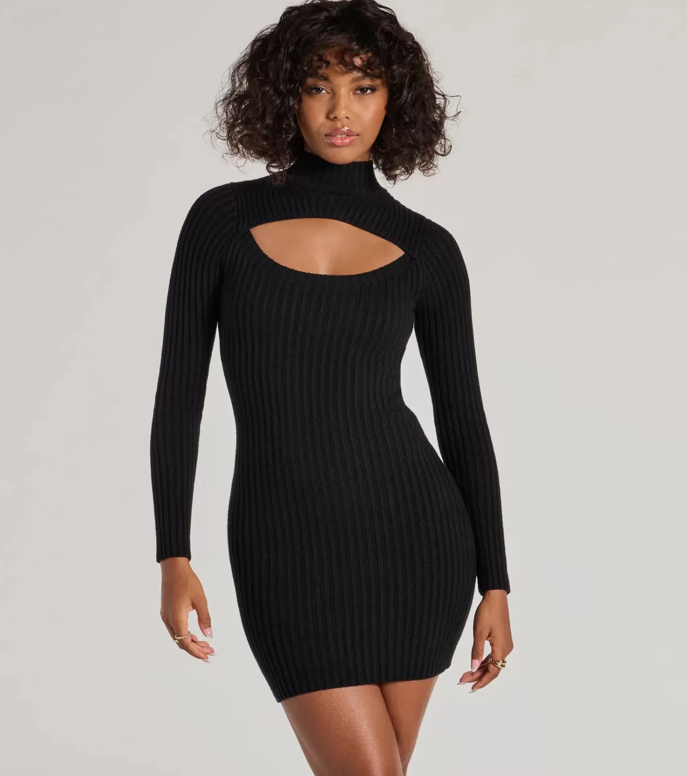 Windsor Chic Season Mock Neck Cutout Ribbed Knit Mini Dress BLACK Cheap