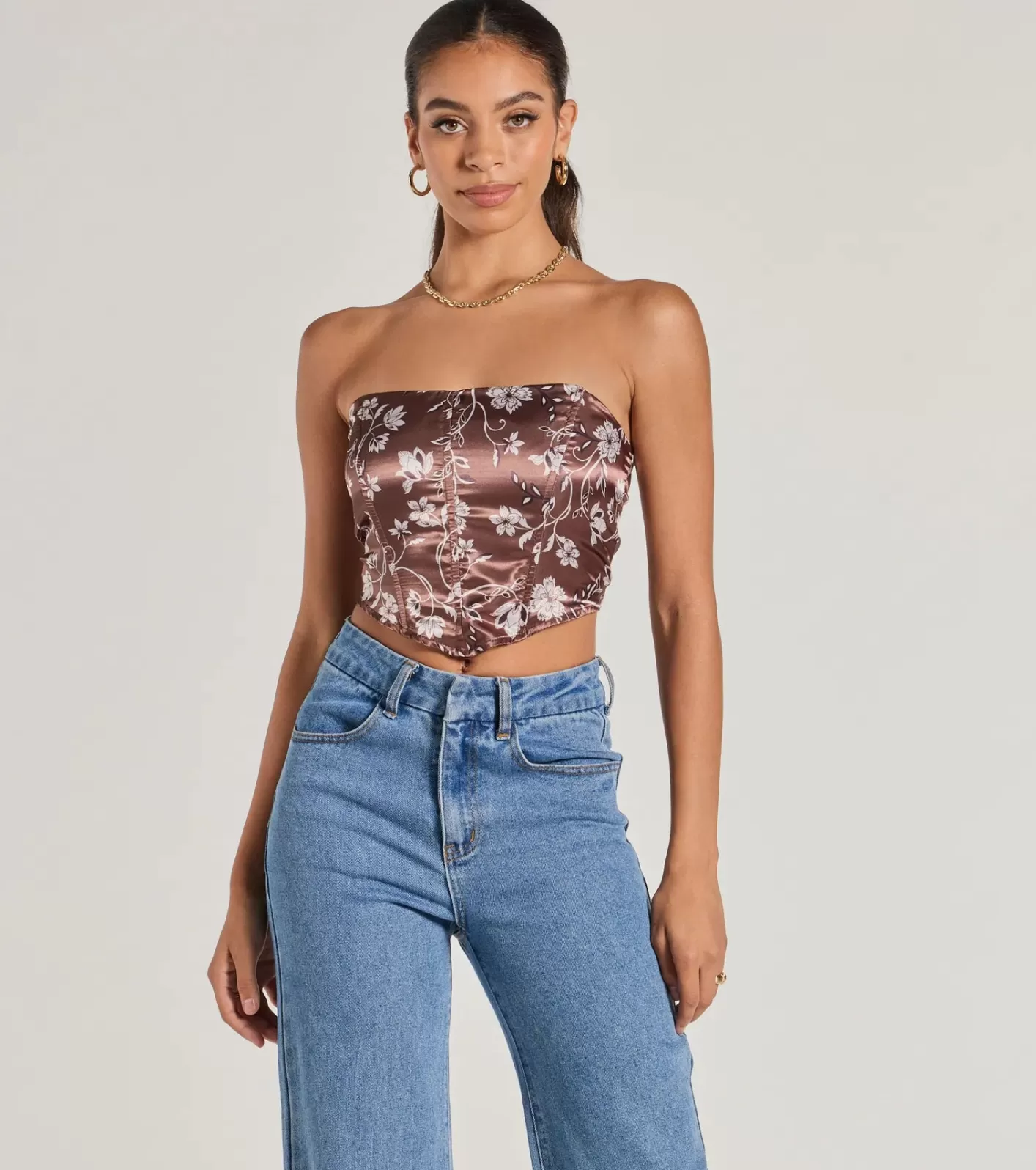 Windsor Chic Sheen Floral Satin Strapless Corset Top BROWN Flash Sale