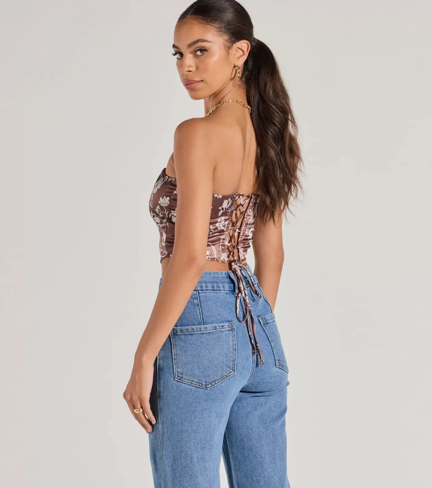 Windsor Chic Sheen Floral Satin Strapless Corset Top BROWN Flash Sale