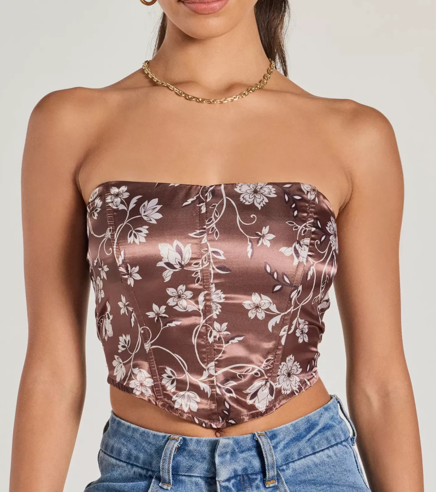 Windsor Chic Sheen Floral Satin Strapless Corset Top BROWN Flash Sale