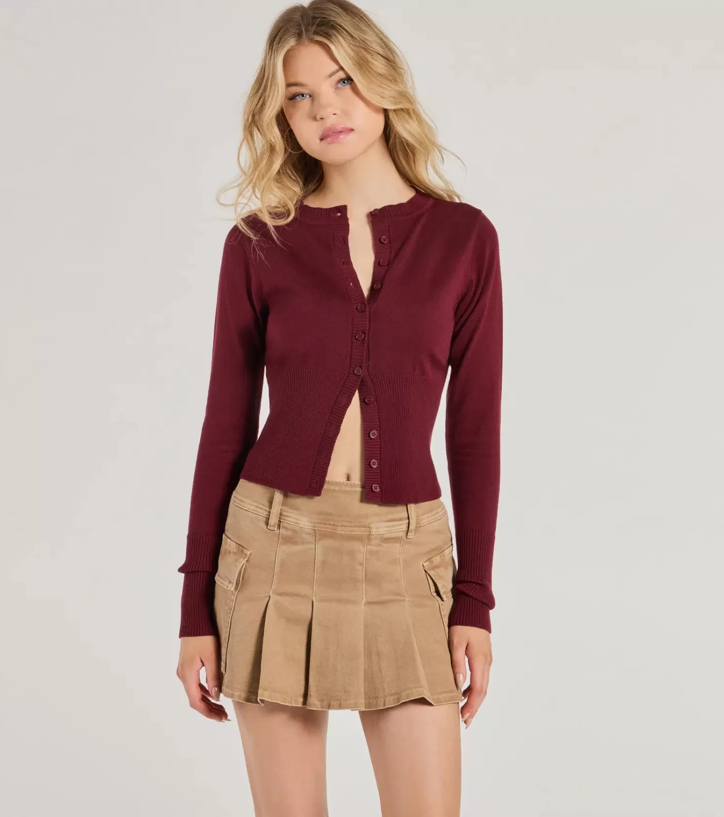 Windsor Chic Staple Crew Neck Cropped Knit Cardigan BURGUNDY Best