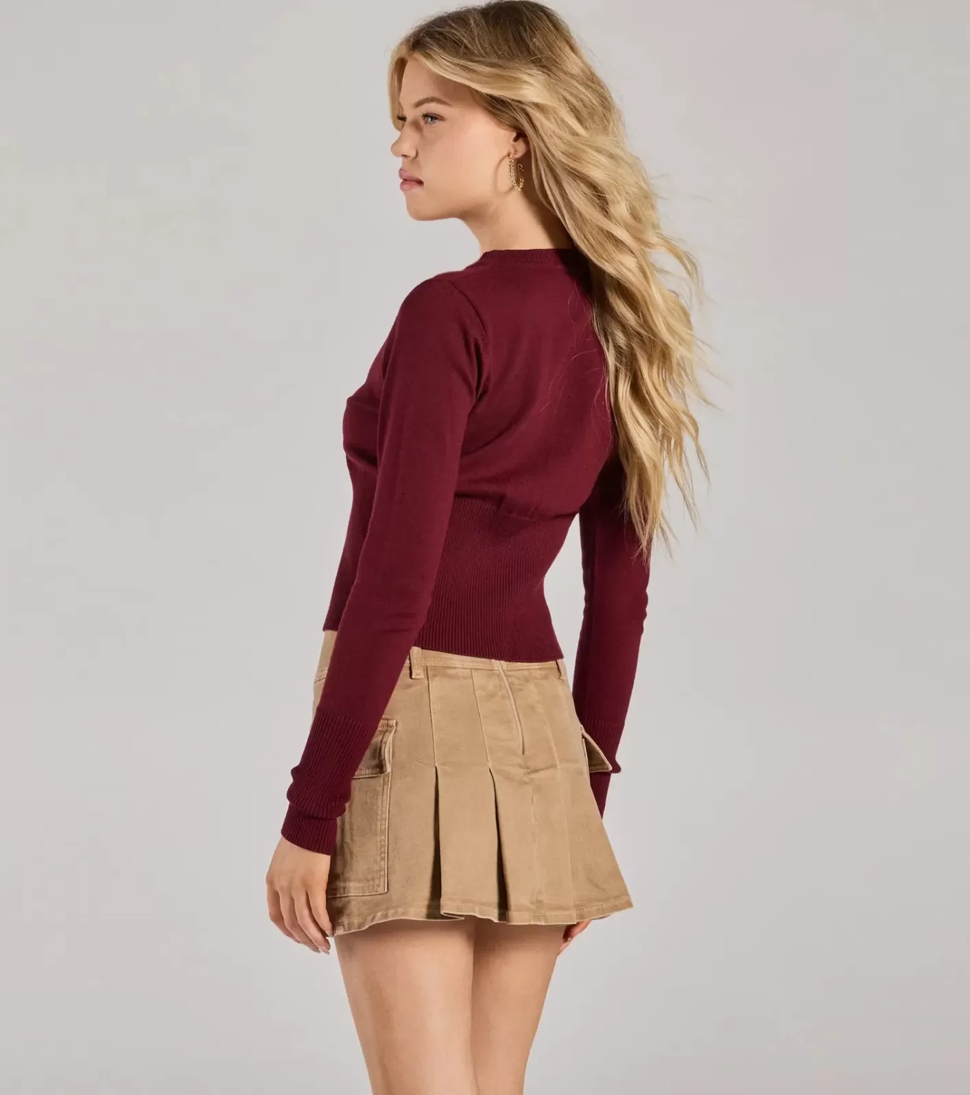 Windsor Chic Staple Crew Neck Cropped Knit Cardigan BURGUNDY Best