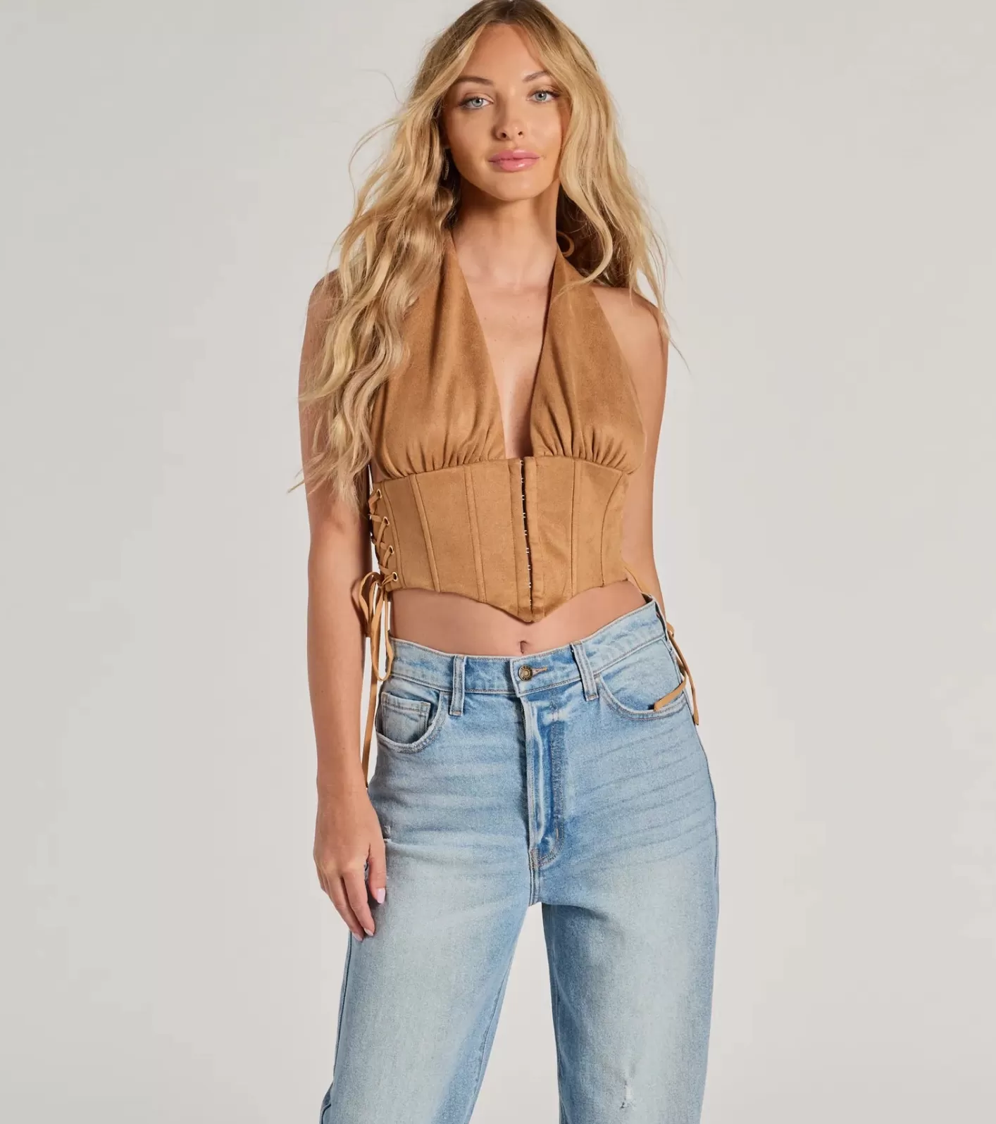 Windsor Chic Vibes Faux Suede Halter Cropped Corset Top TAN Fashion