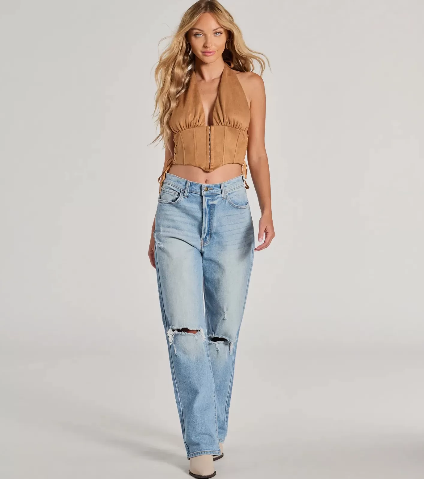 Windsor Chic Vibes Faux Suede Halter Cropped Corset Top TAN Fashion