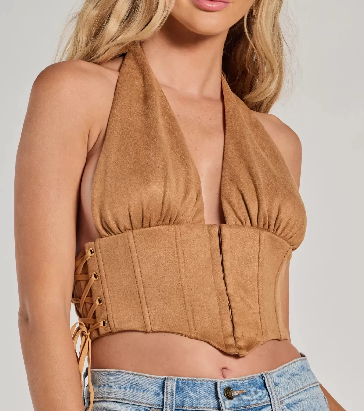 Windsor Chic Vibes Faux Suede Halter Cropped Corset Top TAN Fashion