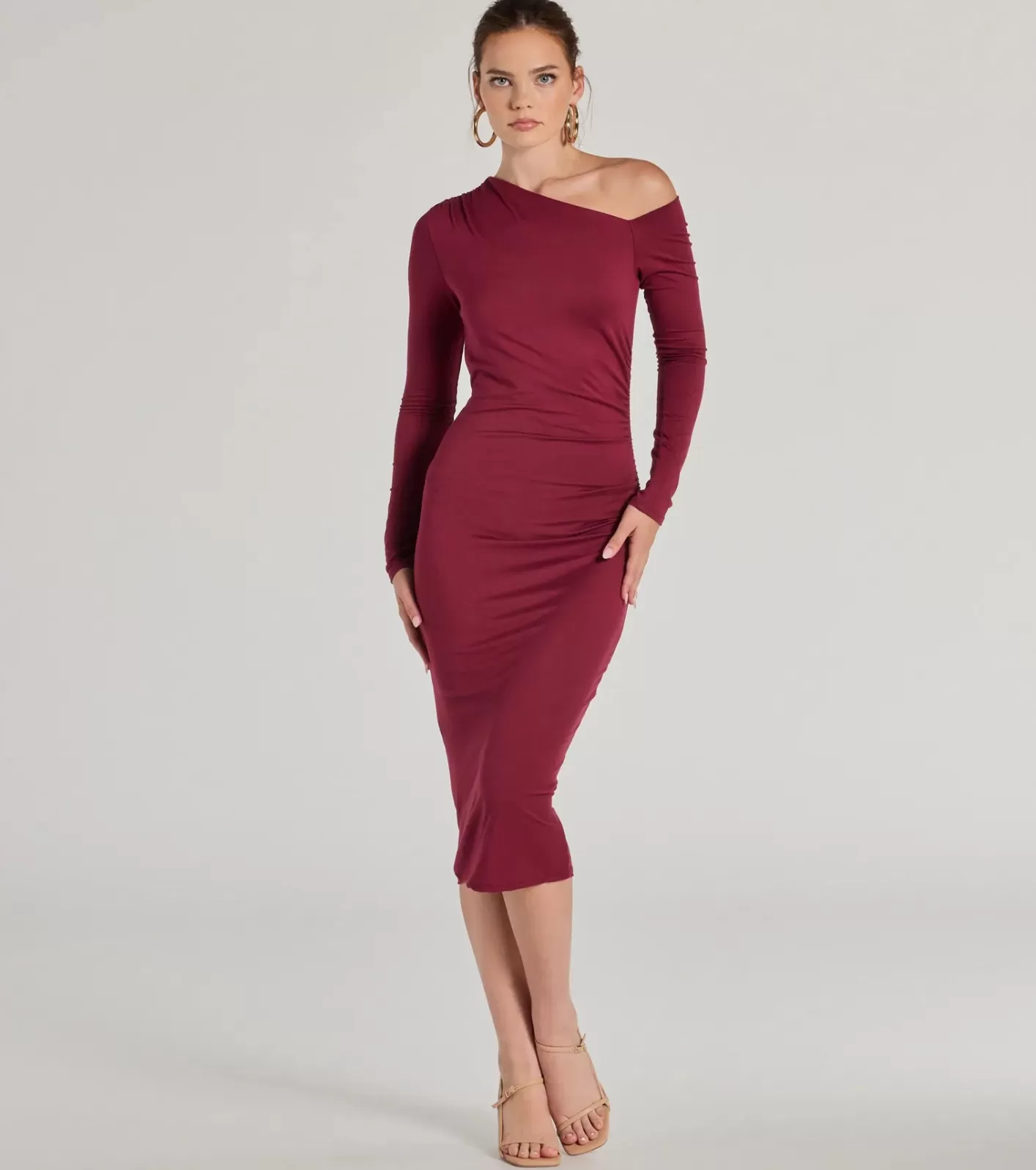 Windsor Classic And Sleek Knit Off-Shoulder Long Sleeve Midi Dress BURGUNDY Online