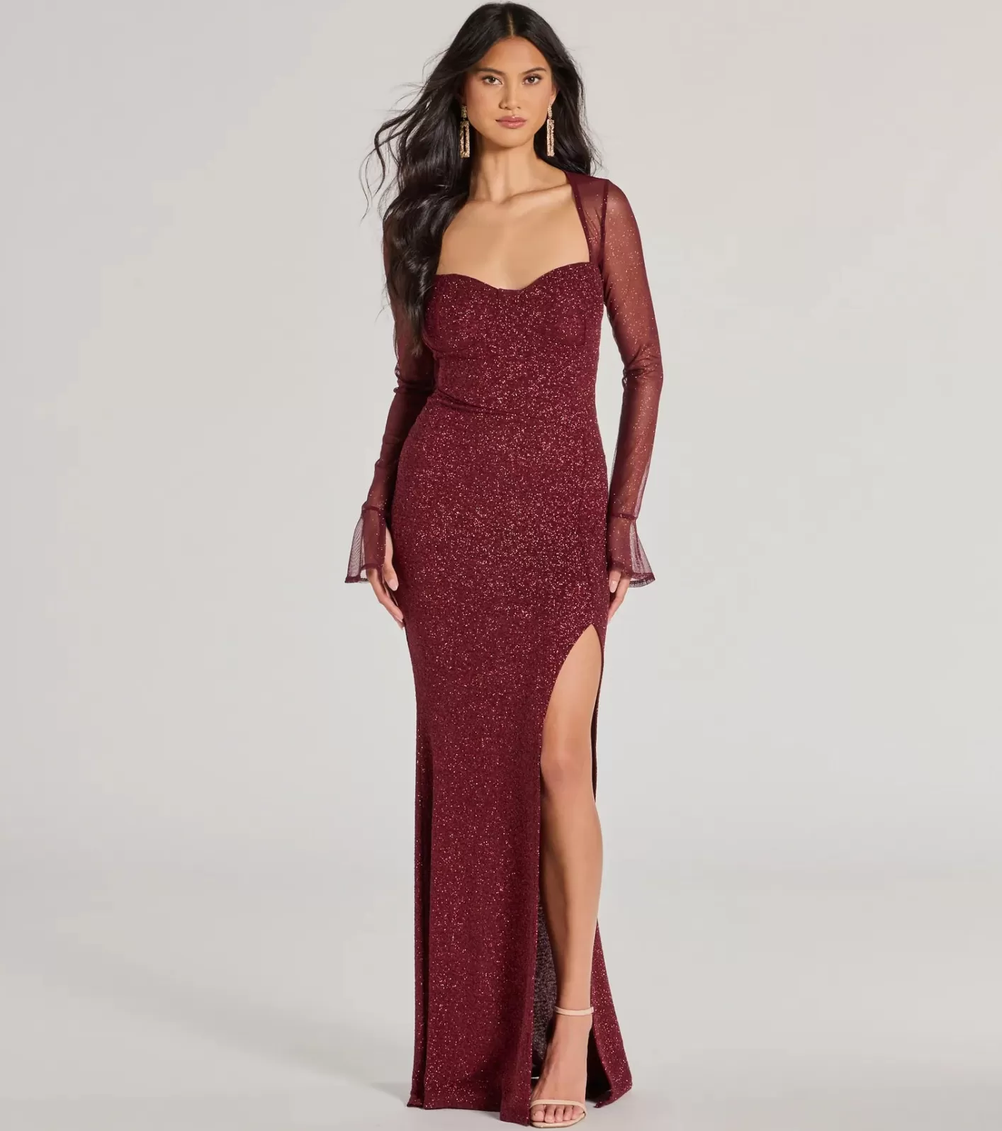 Windsor Connie Long Sleeve Glitter Slim Formal Dress WINE Best