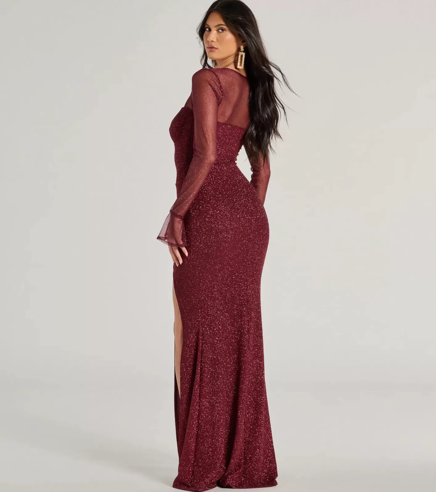 Windsor Connie Long Sleeve Glitter Slim Formal Dress WINE Best